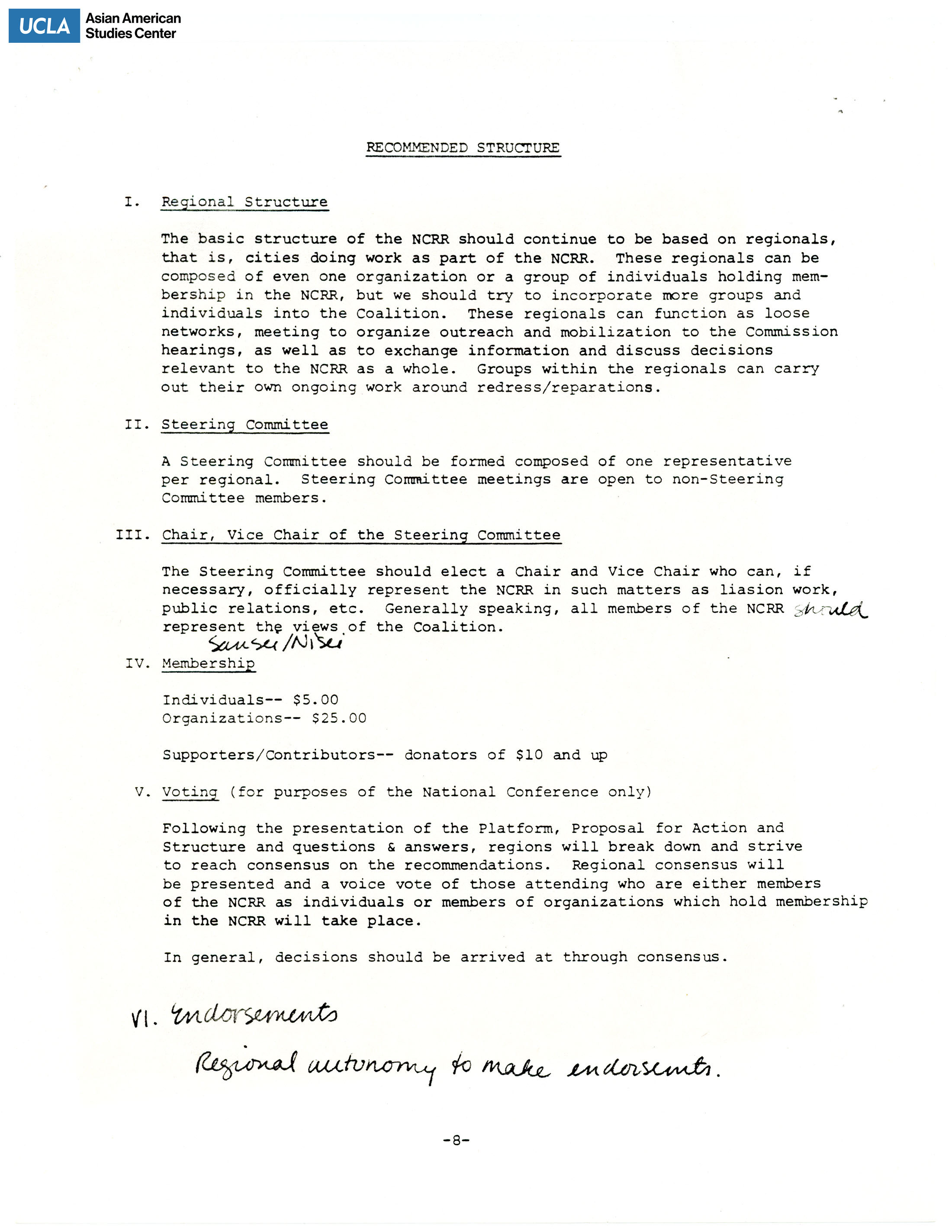 Recommended structure regarding Japanese American redress/reparations.