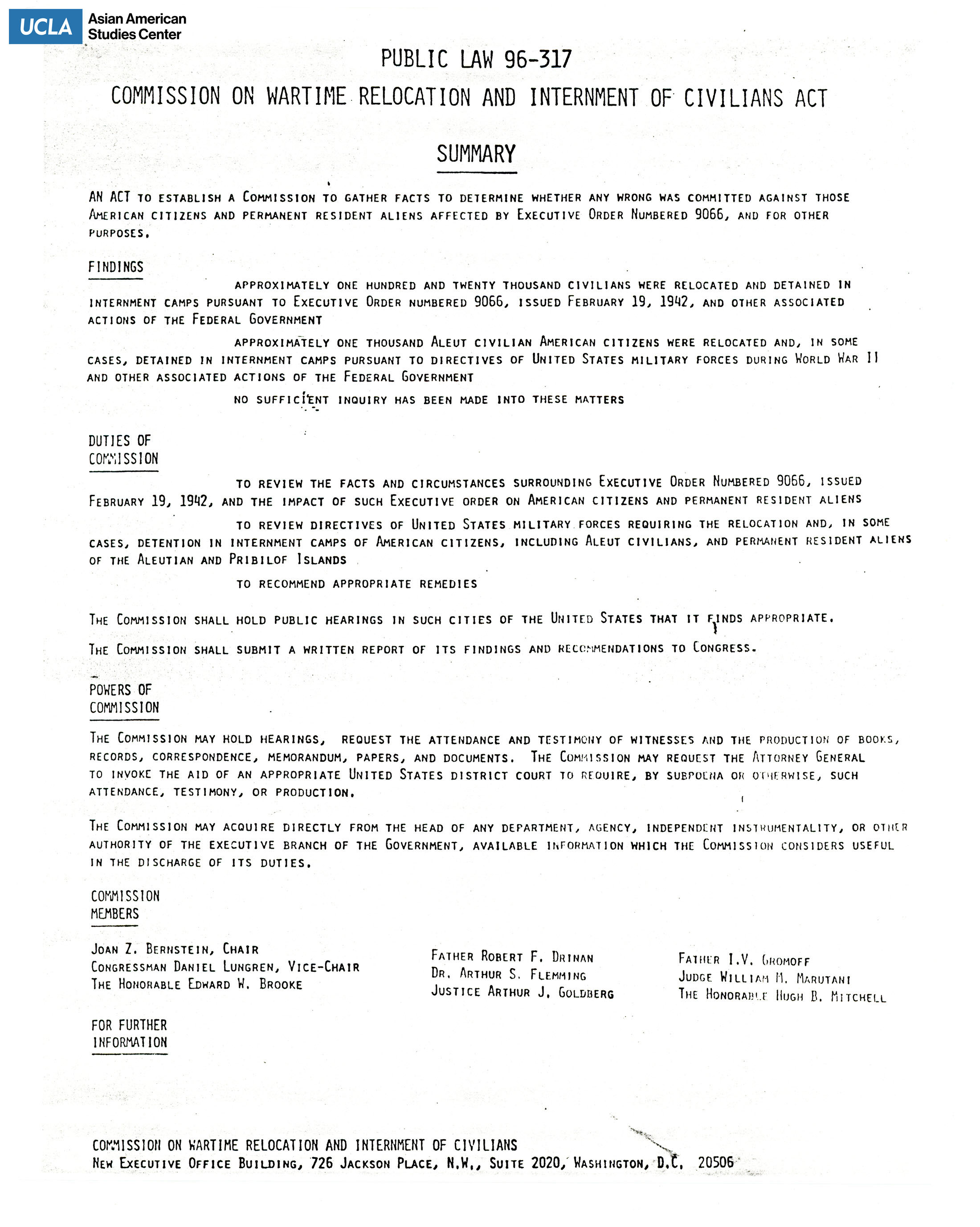 Summary of Public Law 96-317 and purpose of Commission on Wartime Relocation and Internment of Civilians Act.