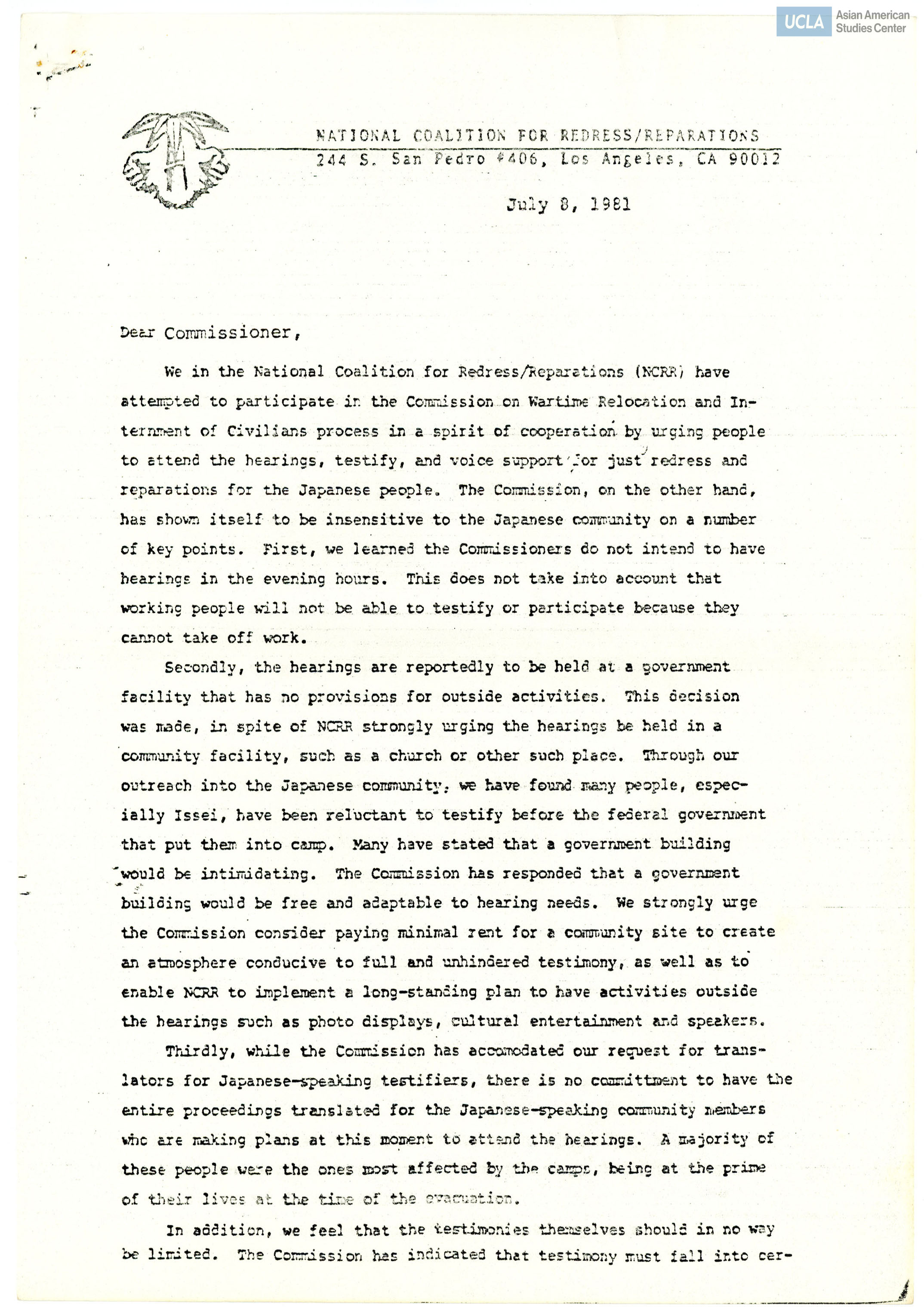 Letter regarding participating in the Commission on Wartime Relocation and Internment of Civilians hearings.