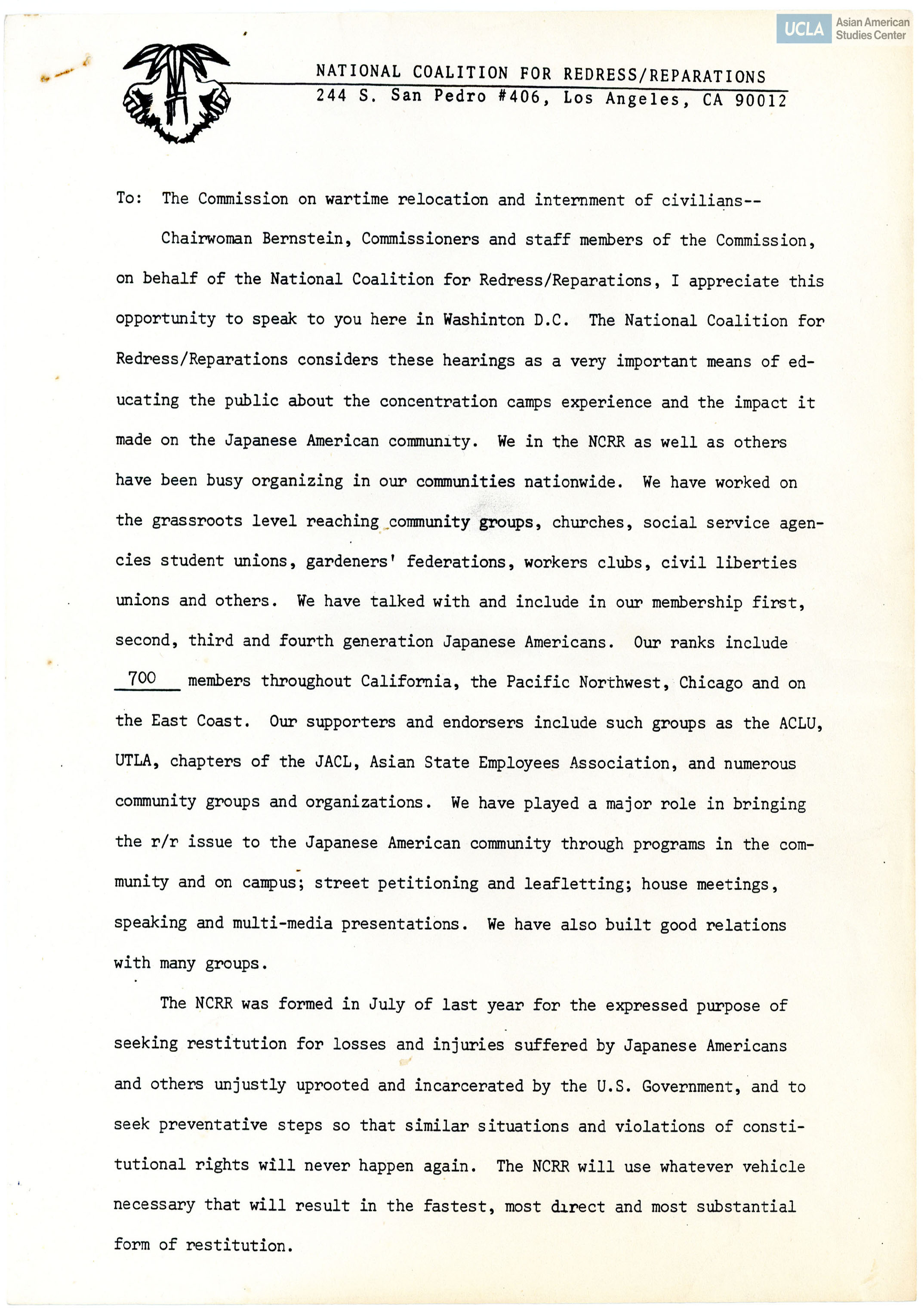 Letter regarding the importance of participating for the Commission on Wartime Relocation and Internment of Civilians hearings.