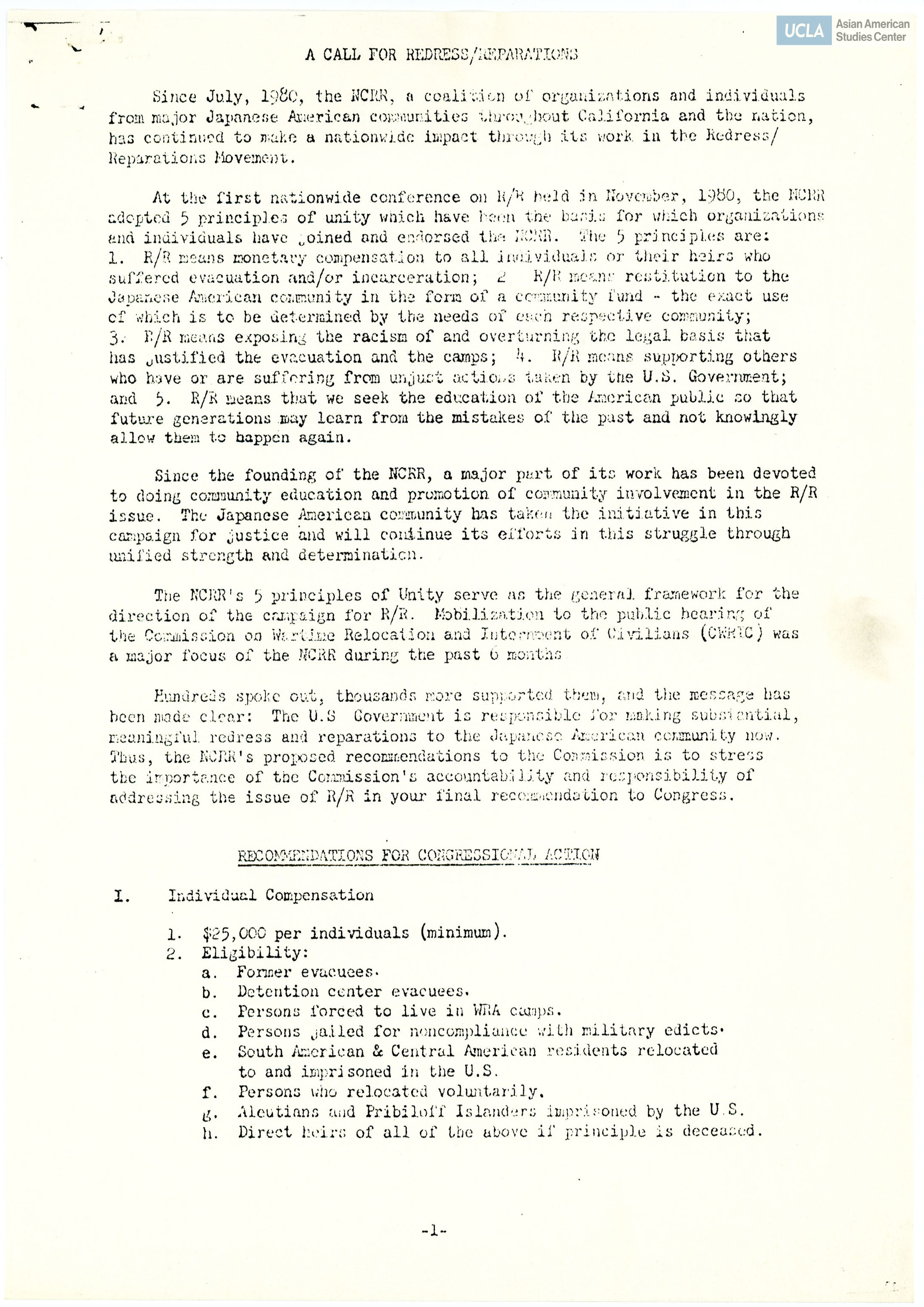 Brief information regarding redress/reparations for Japanese Americans during the incarceration of World War II.