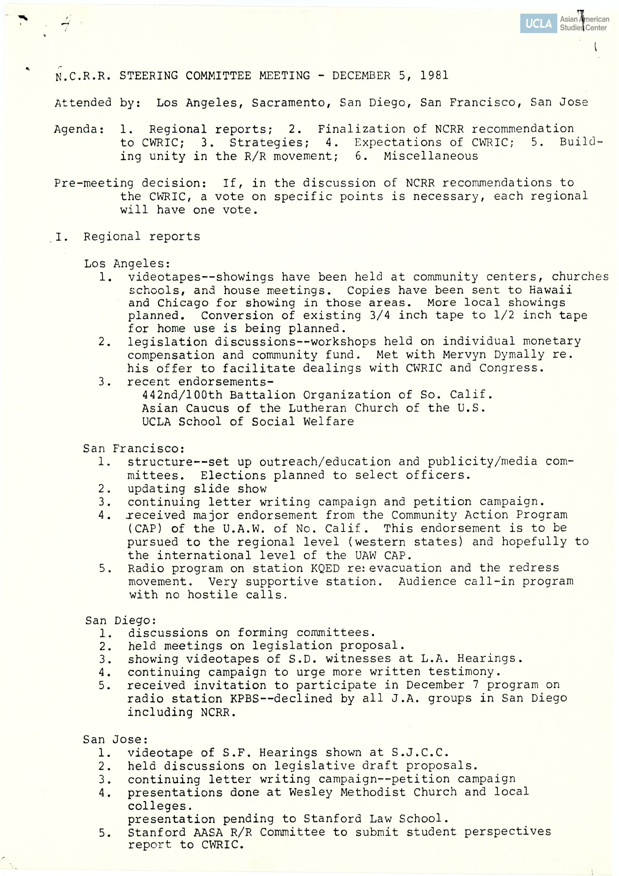 Steering committee meeting notes includes regional reports, finalization of NCRR recommendation to CWRIC, strategies, expectations, building unity, and miscellaneous.