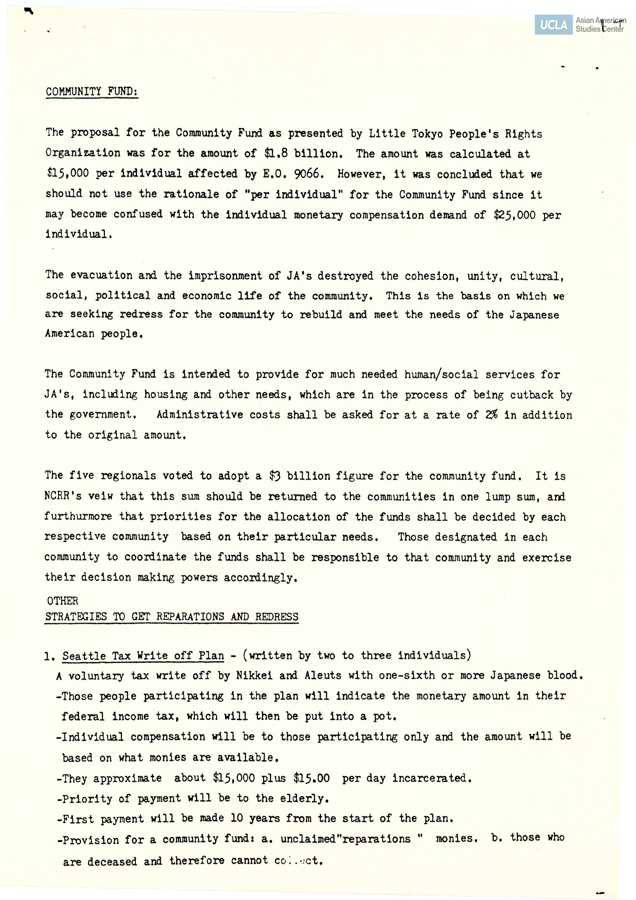 Includes community fund, strategies to get reparations and redress, class action suit, and conclusion.
