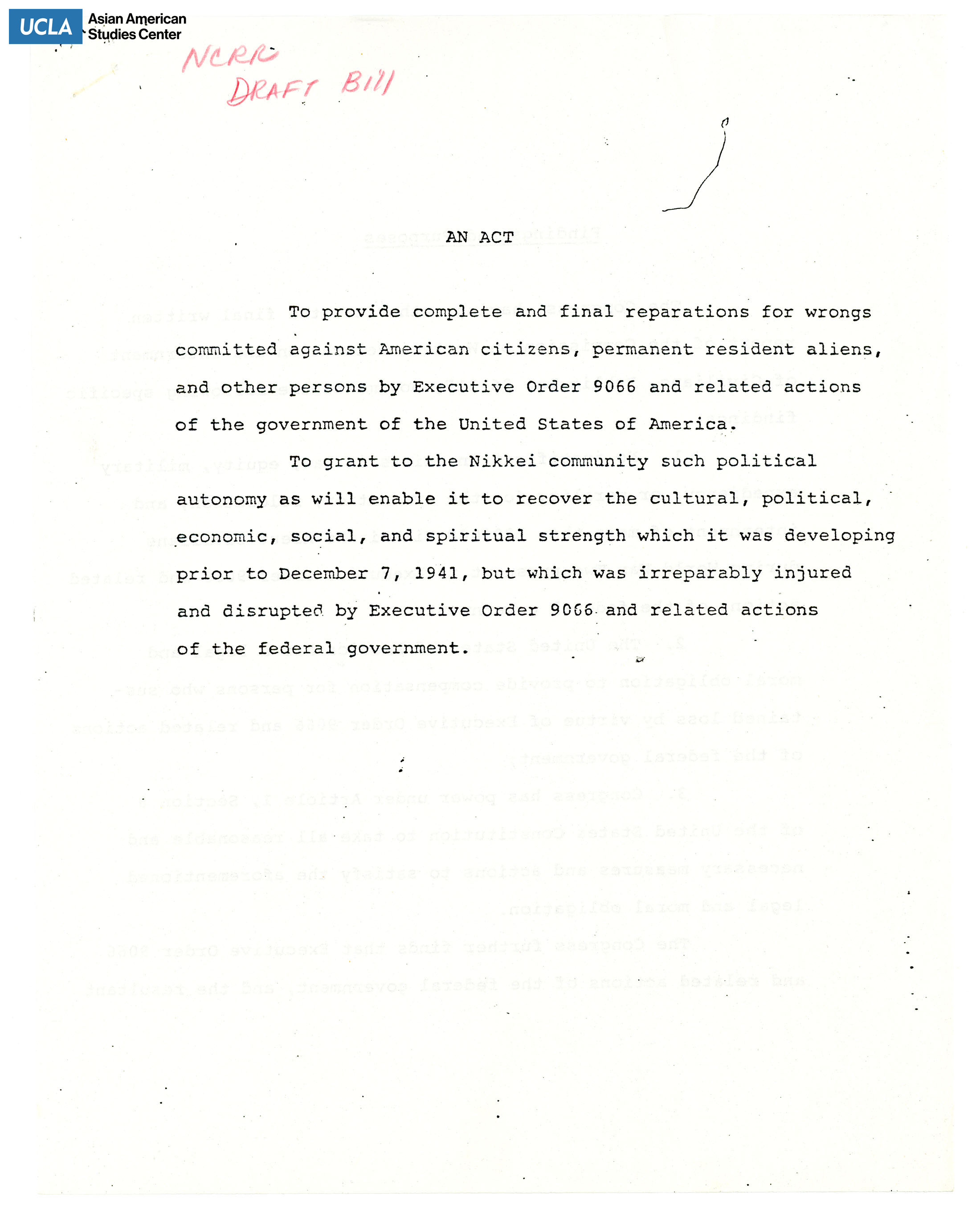 NCRR draft bill regarding reparations for Japanese Americans during the incarceration of World War II.