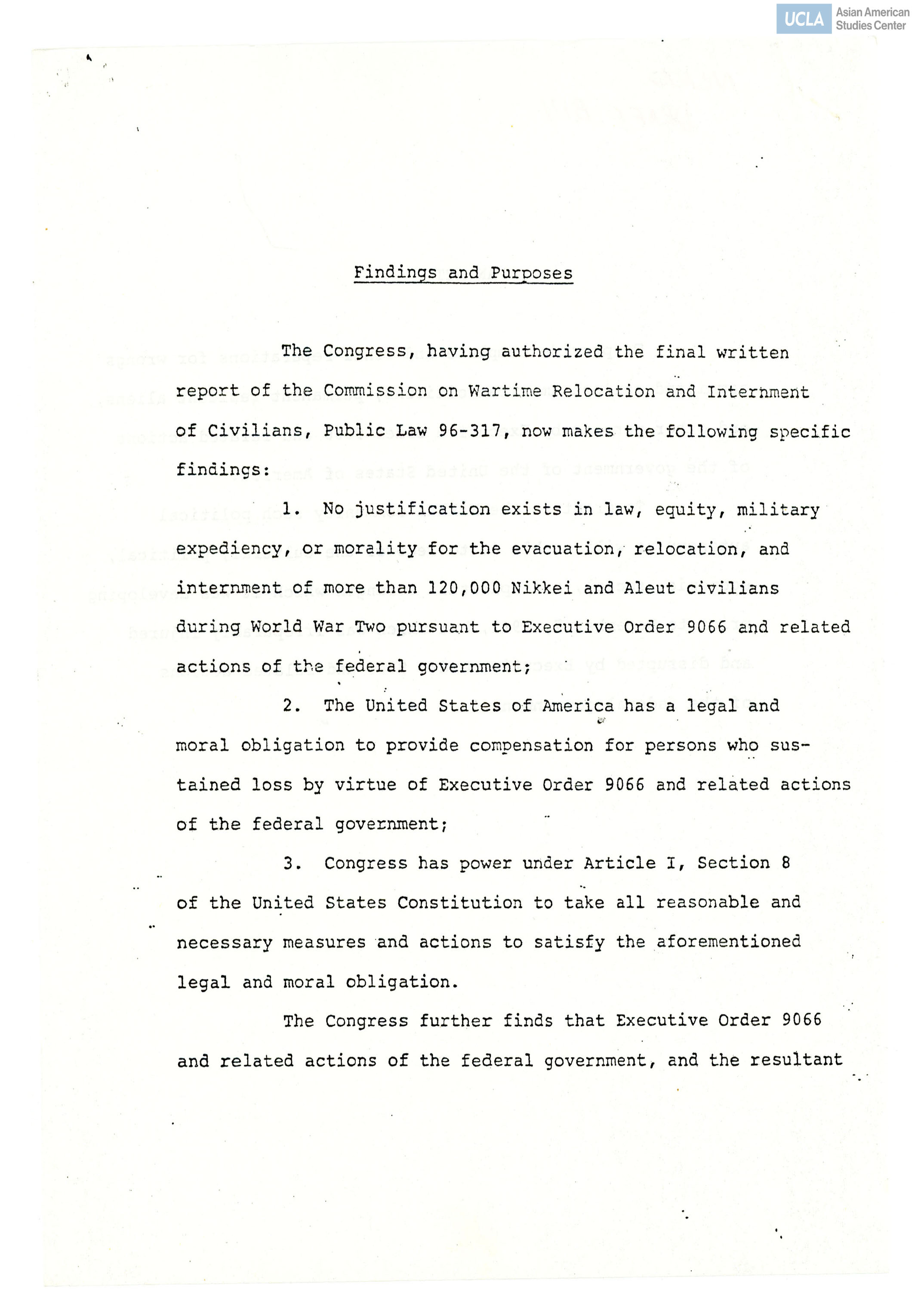 NCRR draft bill regarding the purpose and definitions for the reparations of Japanese Americans during the incarceration of World War II.