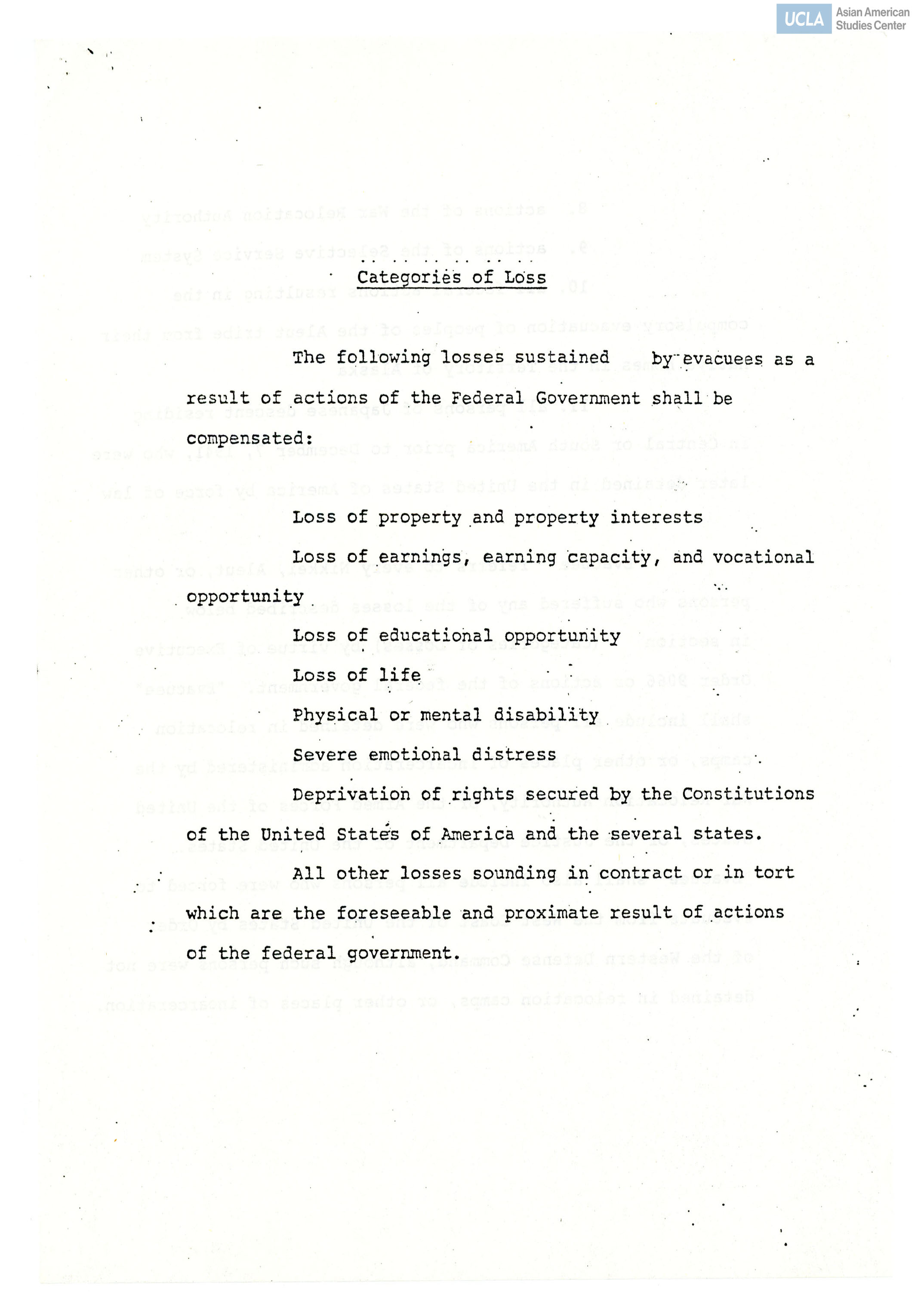 NCRR draft bill regarding the categories of loss and benefits for the reparations of Japanese Americans during the incarceration of World War II.