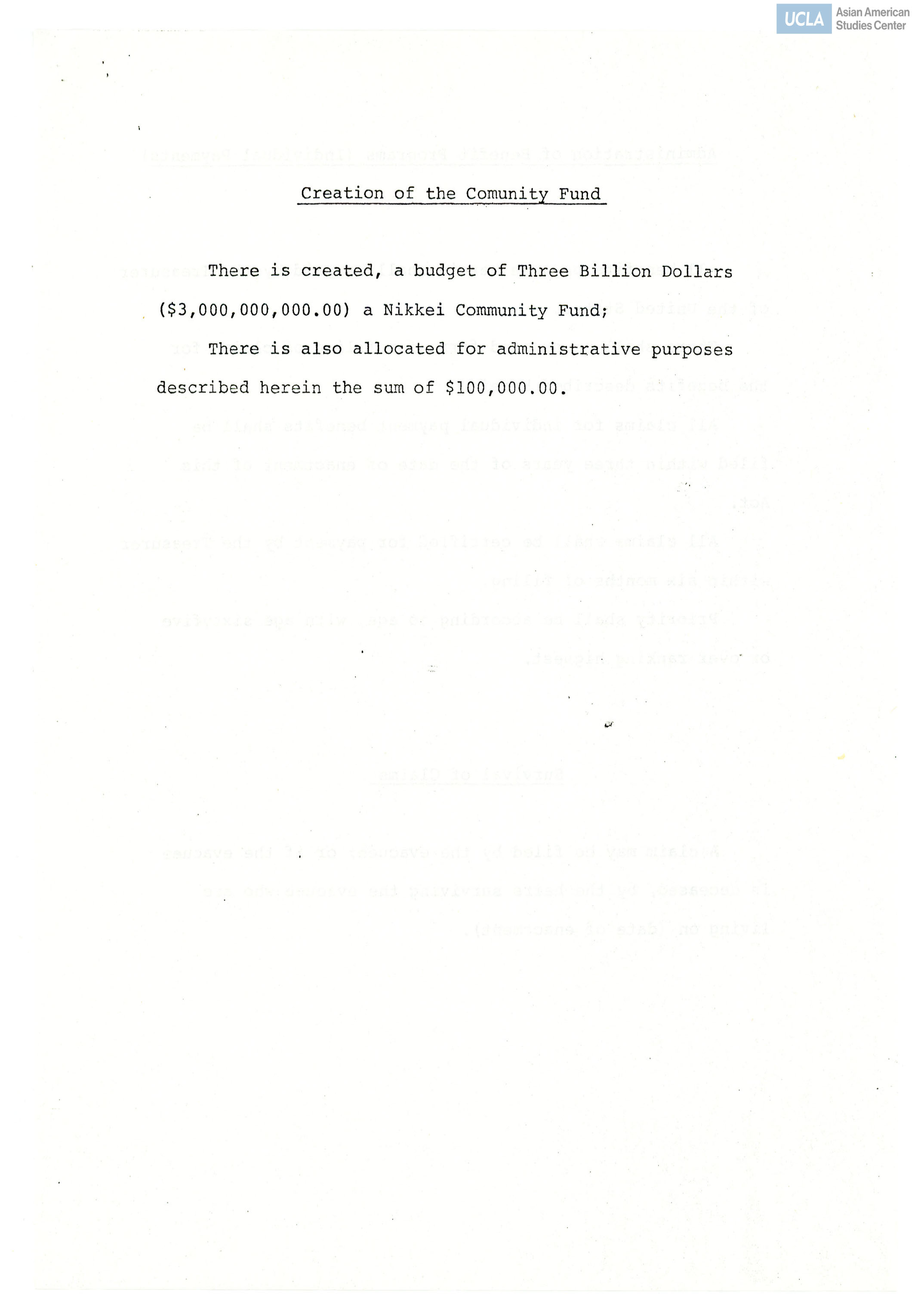 NCRR draft bill regarding the creation of community fund and community boards for the reparations of Japanese Americans during the incarceration of World War II.