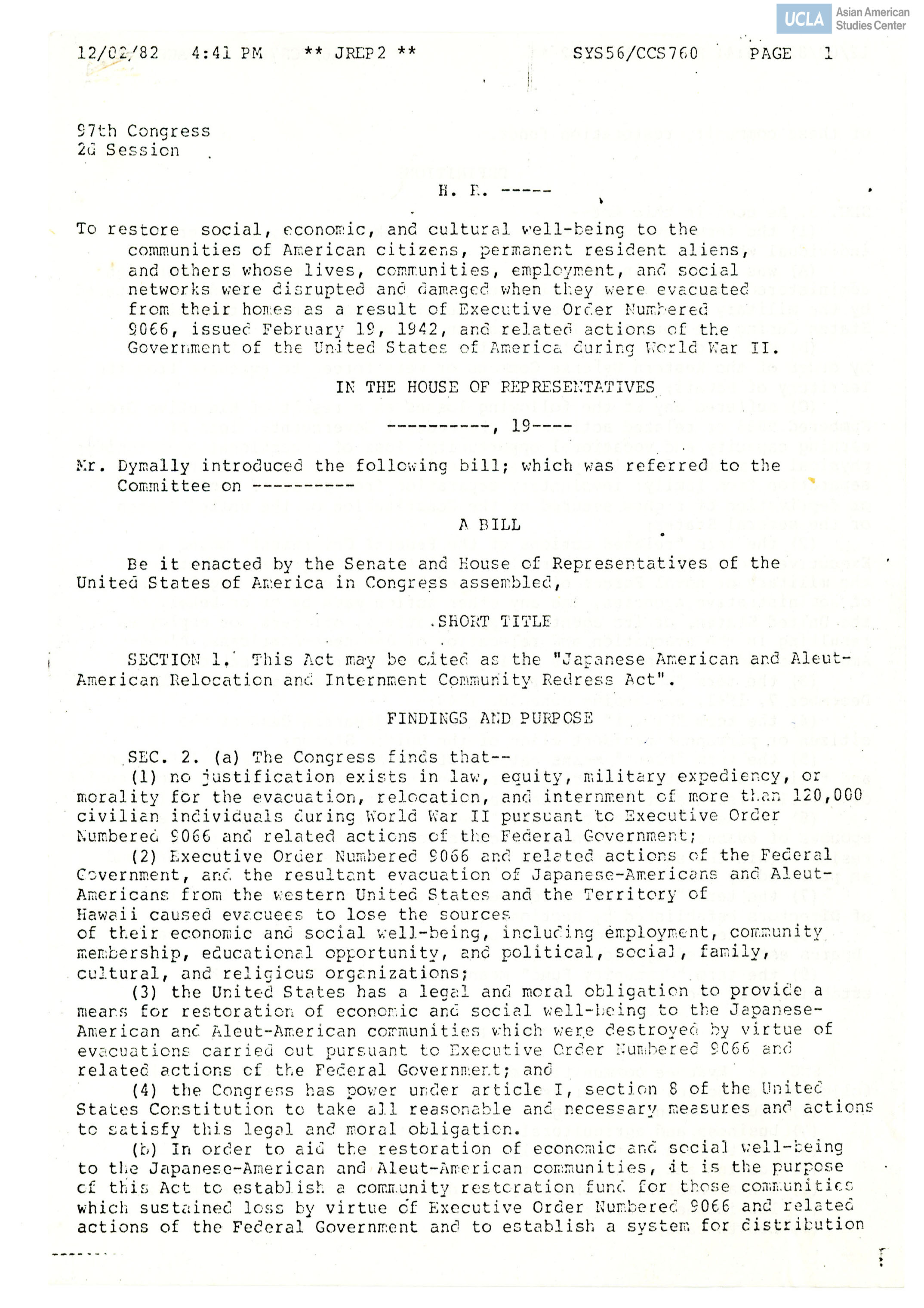 Faxed copy regarding the NCRR draft bill regarding the creation of community fund and community boards for the reparations of Japanese Americans during the incarceration of World War II.