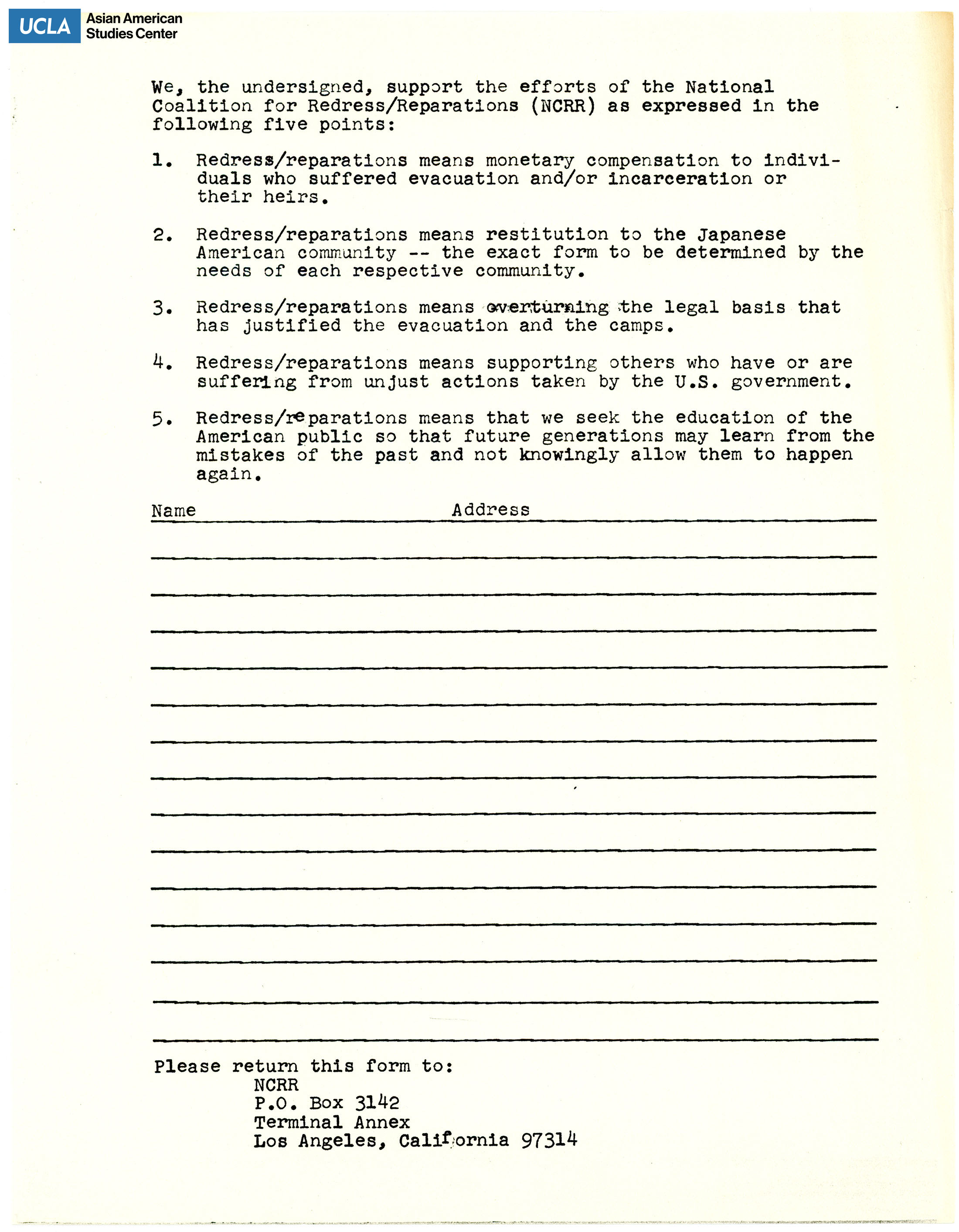 The National Coalition for Redress and Reparations signature log.