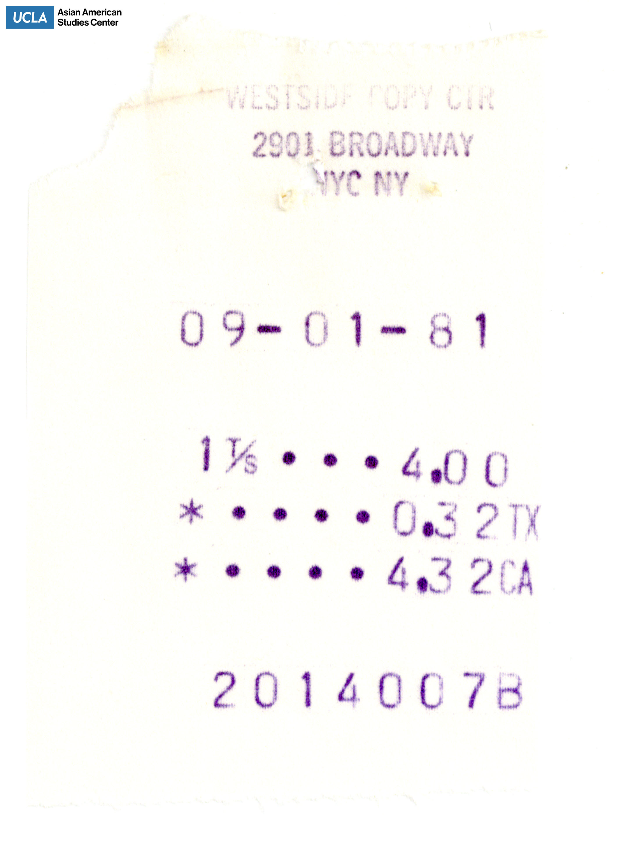 Receipt from the Westide Copy Center with the amount of $4.00.