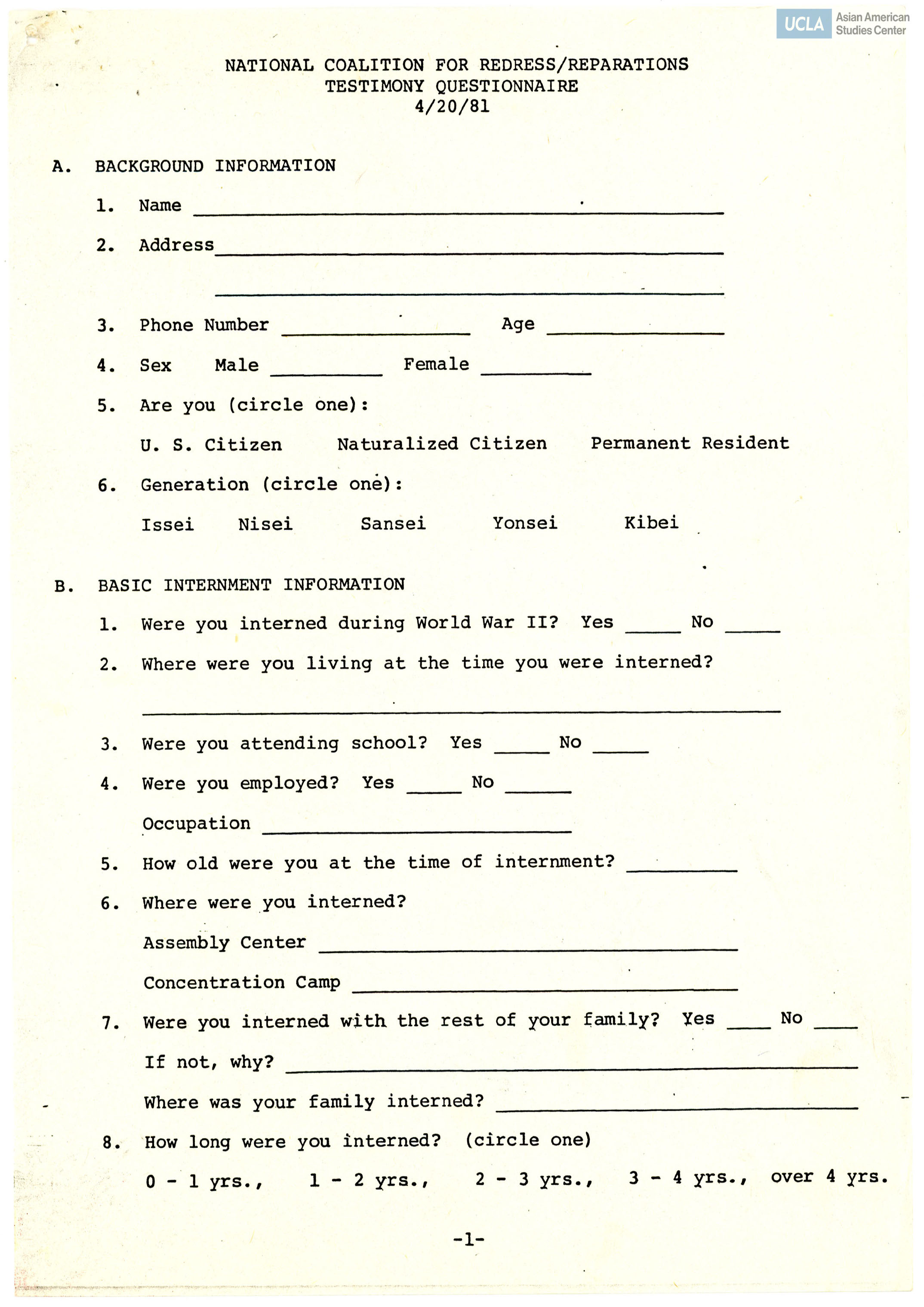 NCRR questionnaire regarding testimony for Commission on Wartime Relocation and Internment of Civilians.