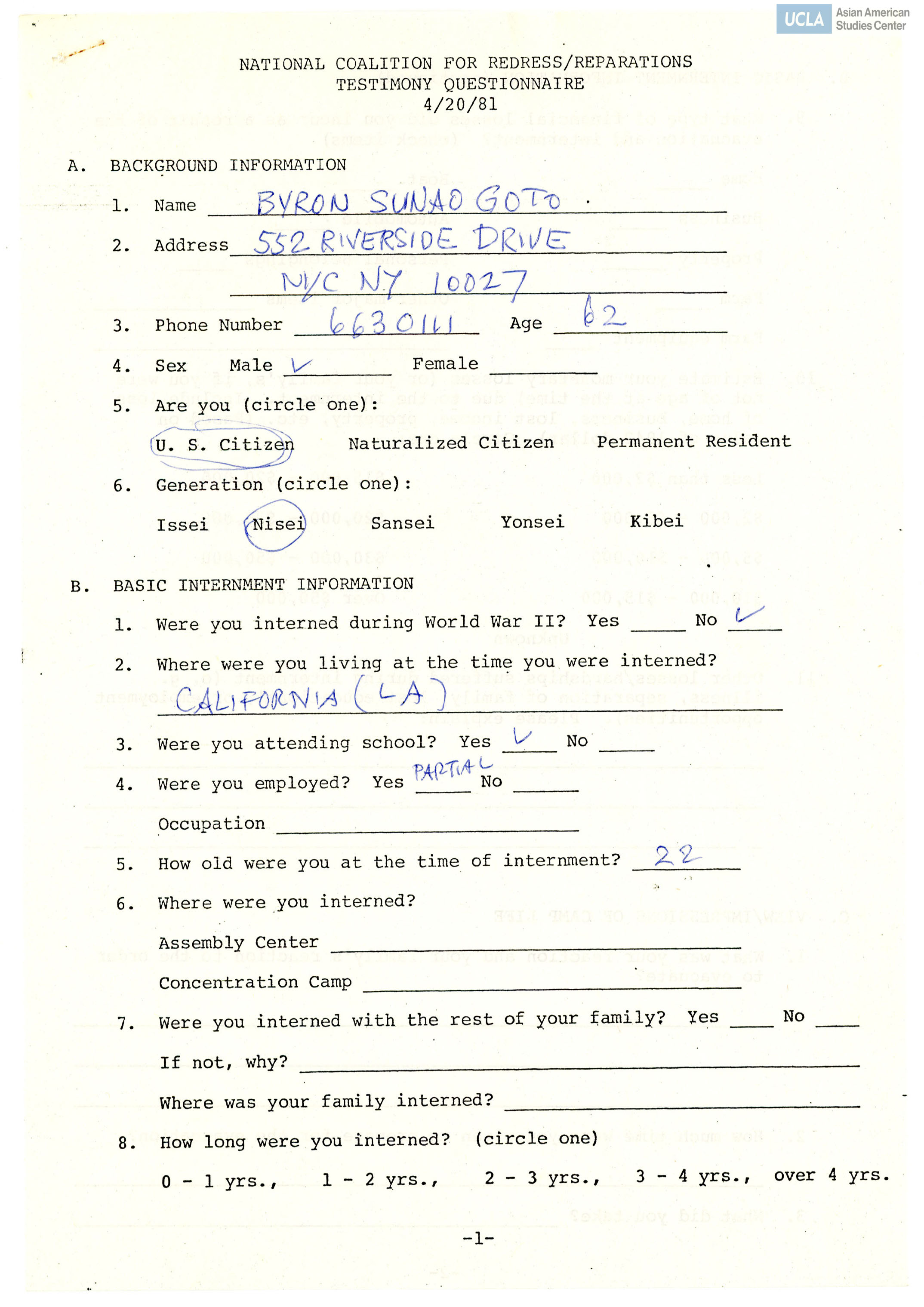 Partially filled questionnaire by Byron Sunao Goto.