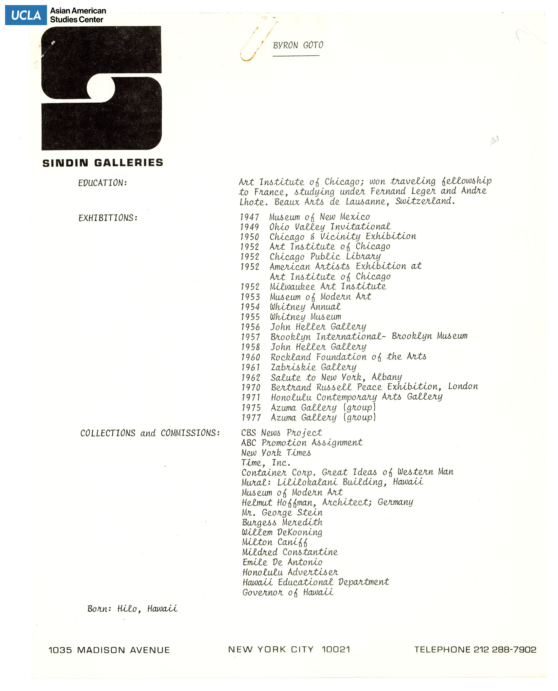 Resume of Byron Goto which includes education, exhibitions, collections, and commissions.