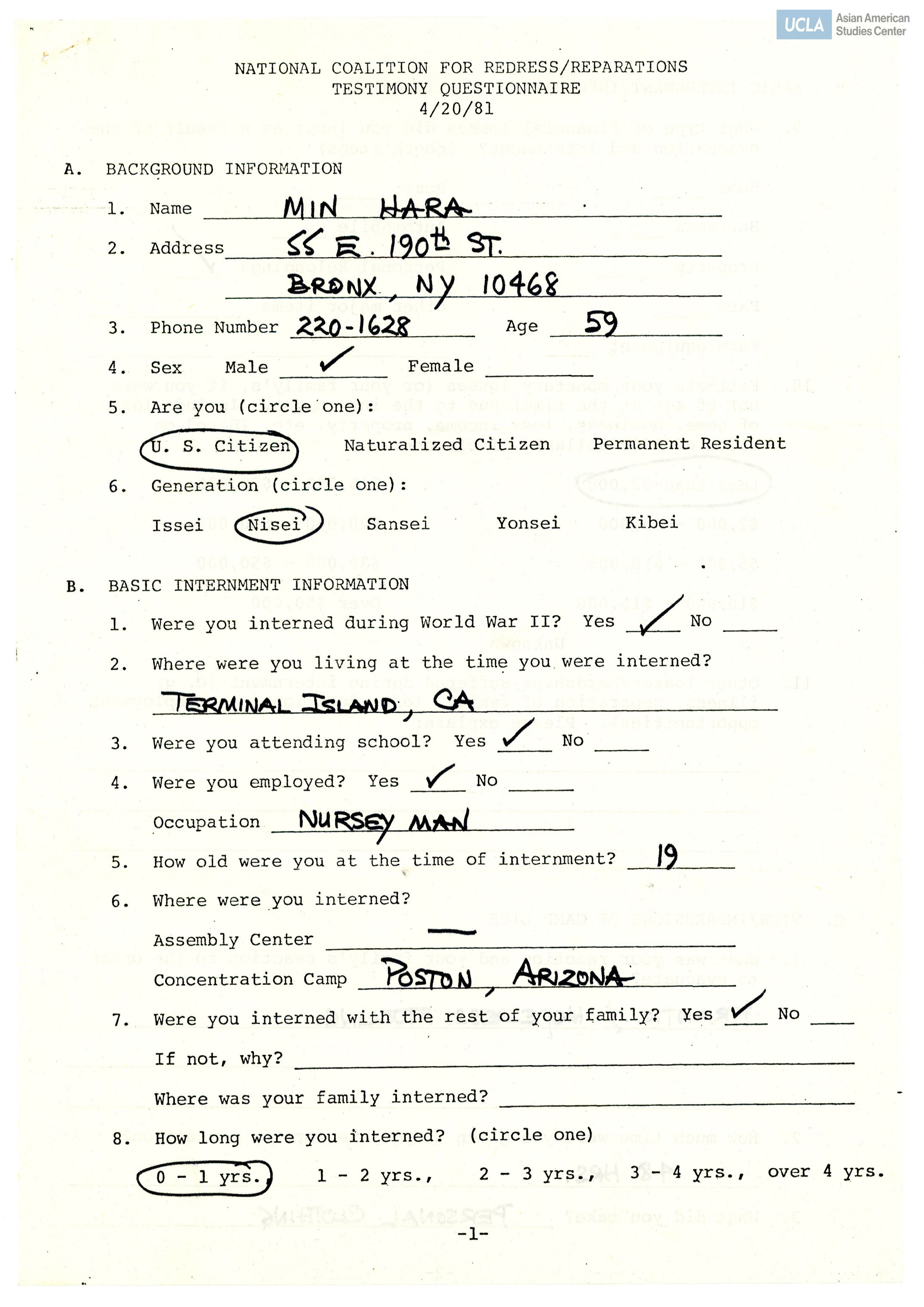 Filled NCRR questionnaire by Min Hara.