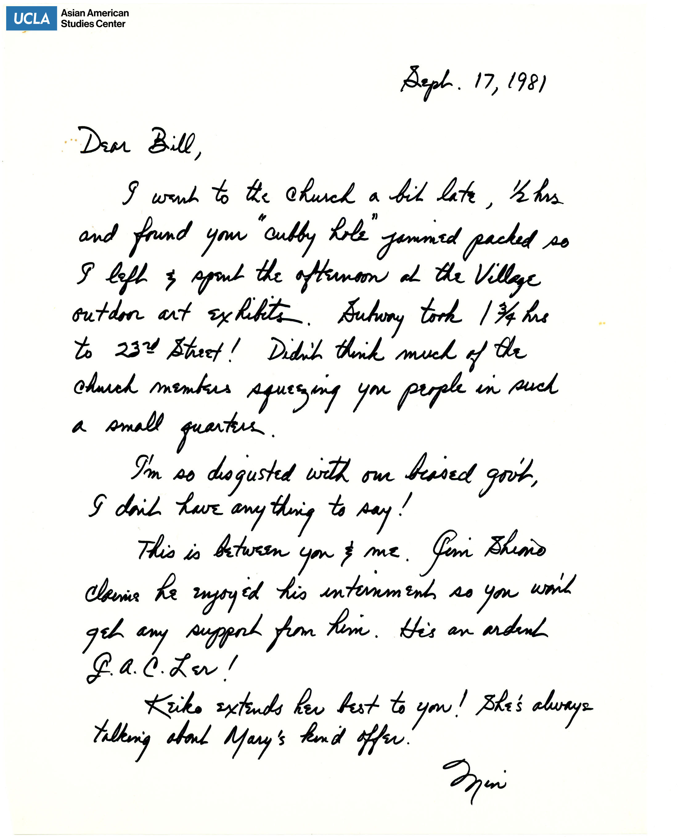 Letter regarding visit to the church and the internment testimony.