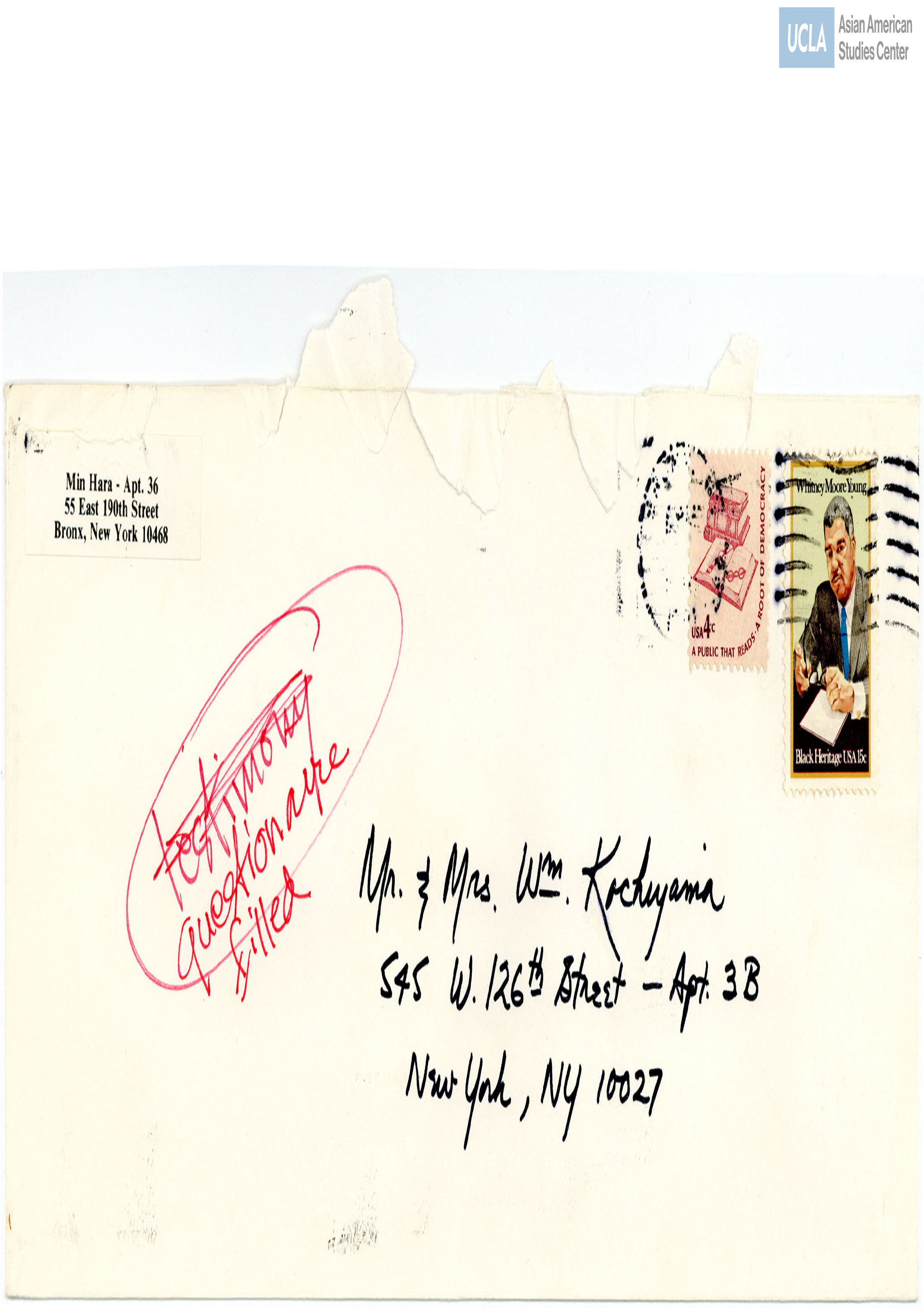 Envelope address to Bill and Yuri Kochiyama.