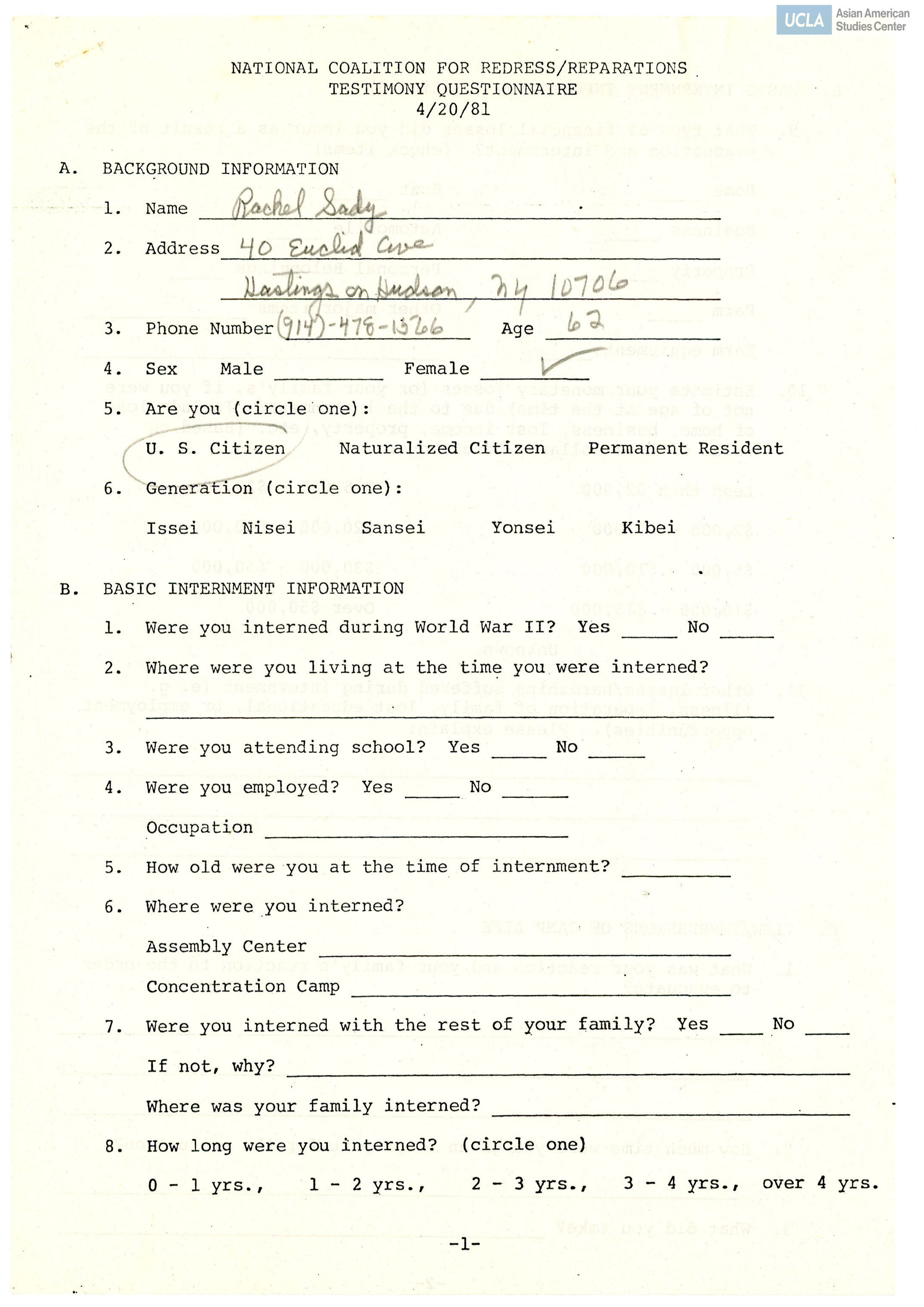 Partially filled questionnaire by Rachel Sady.