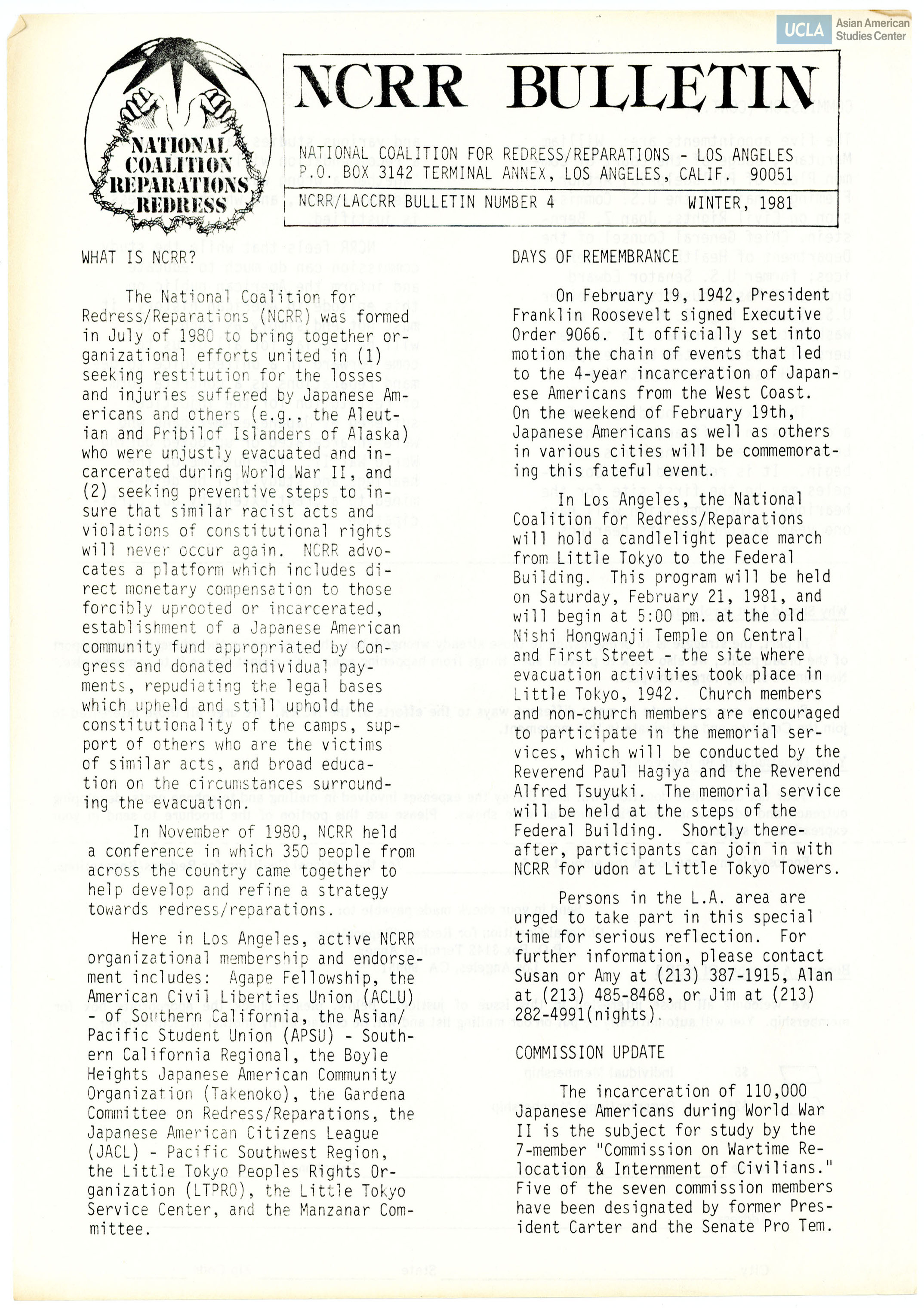 Includes topics in background information of NCRR, Days of Remembrance, commission update, and becoming a member of NCRR.