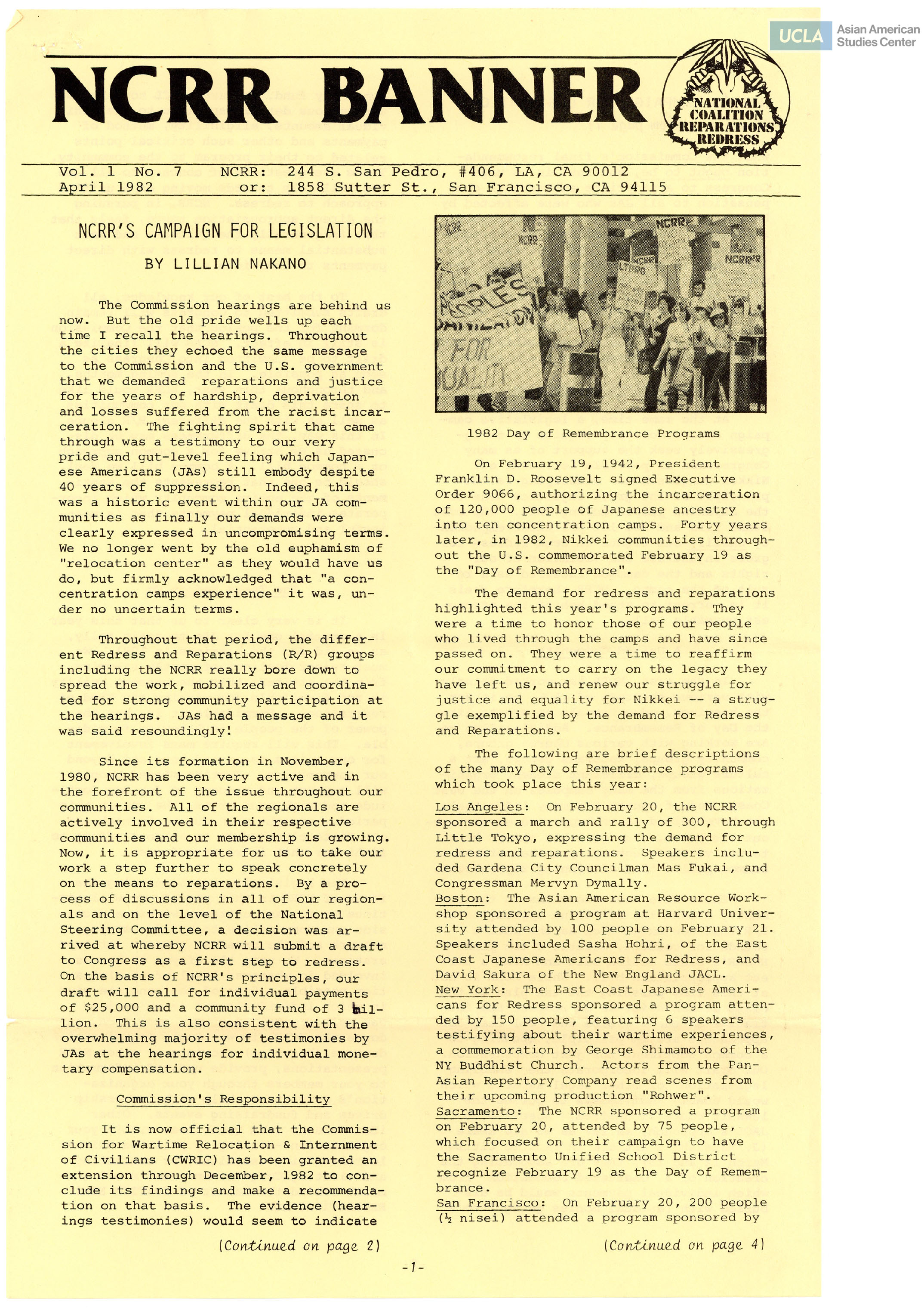 NCRR Banner regarding campaign for legislation on redress/reparations for incarceration of Japanese Americans during World War II.