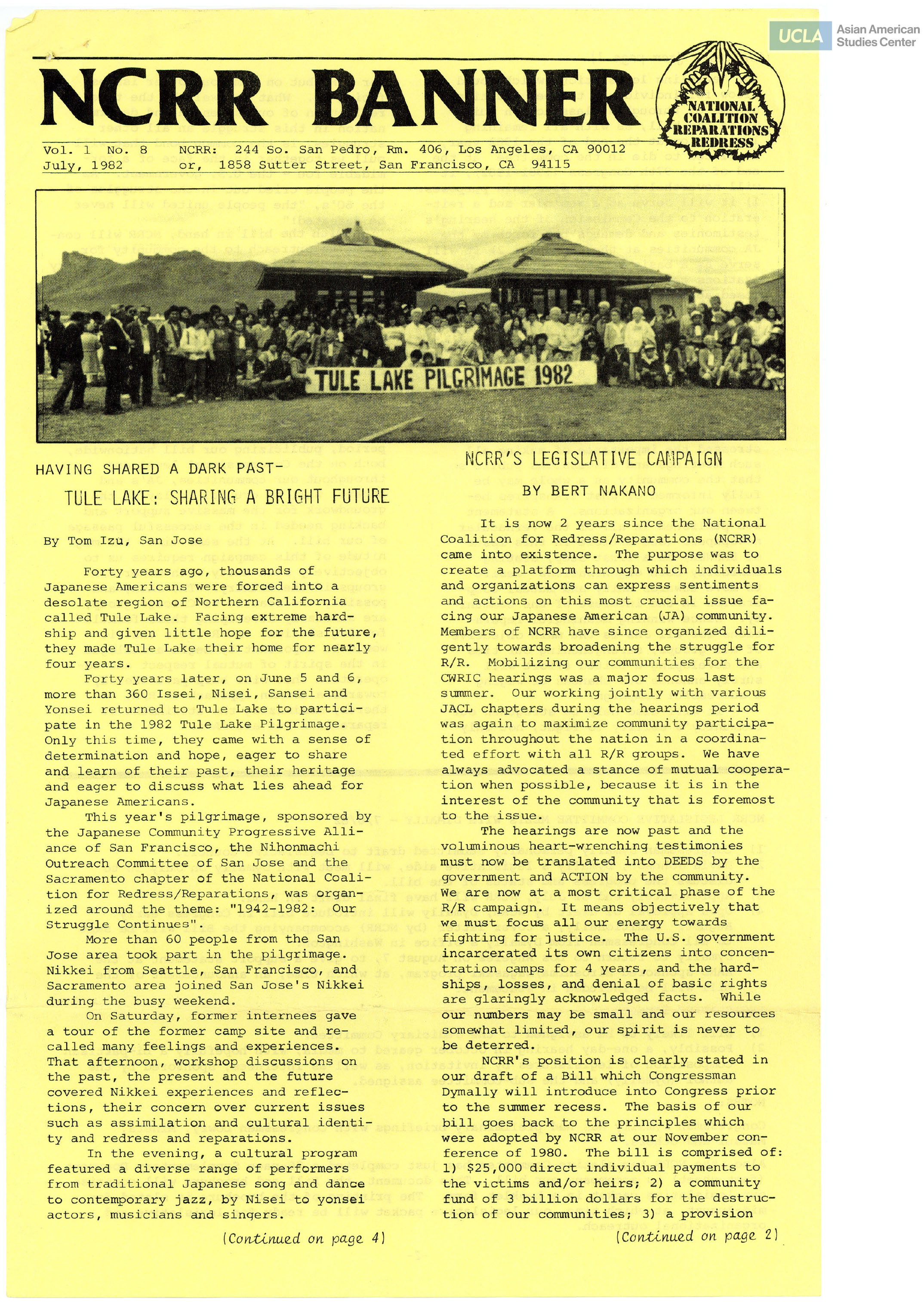 NCRR Banner newsletter regarding the Tule Lake Pilgrimage of 1982 and NCRR's legislative campaign.