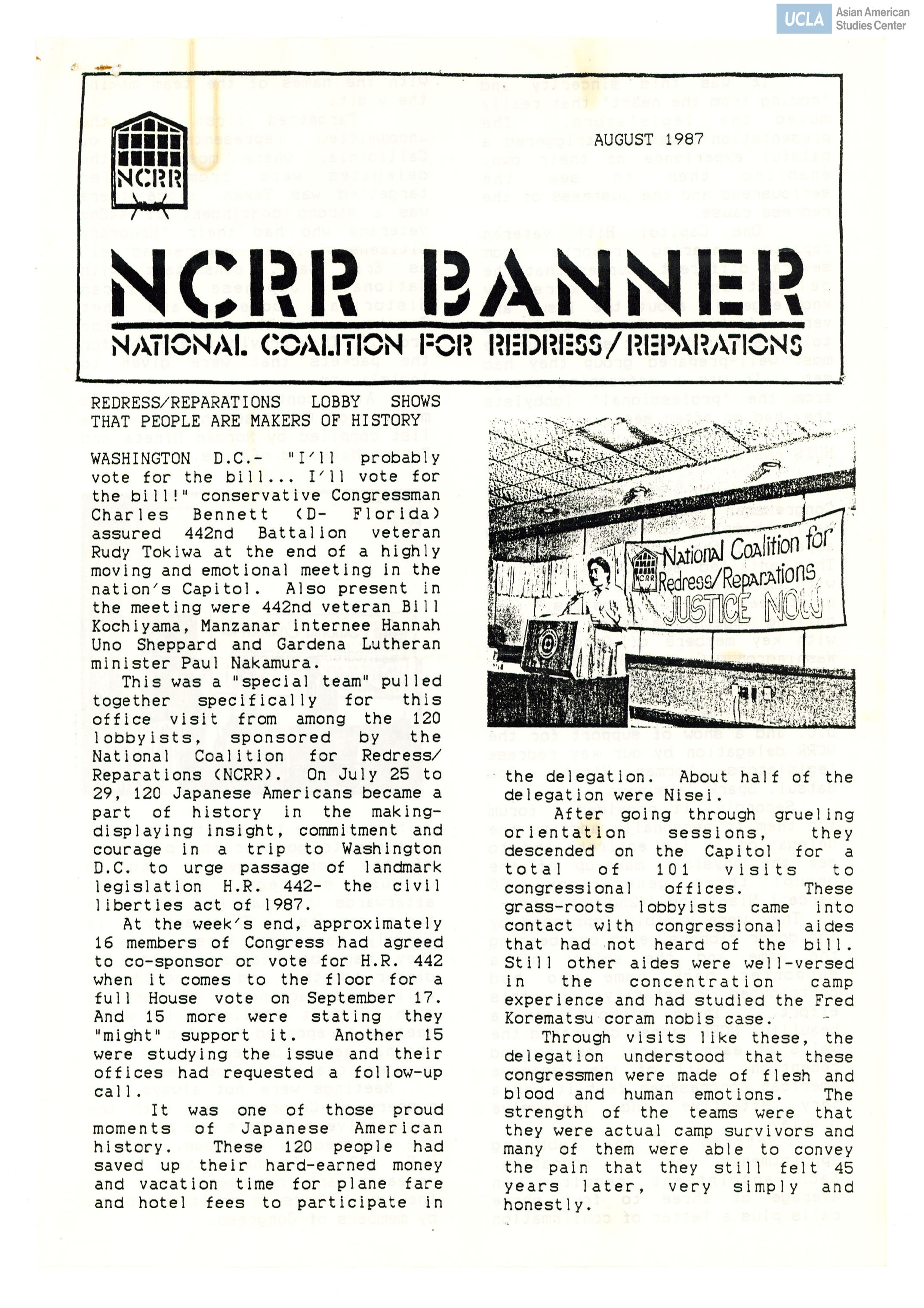 NCRR Banner regarding redress/reparations lobby and to vote for H.R. 442.