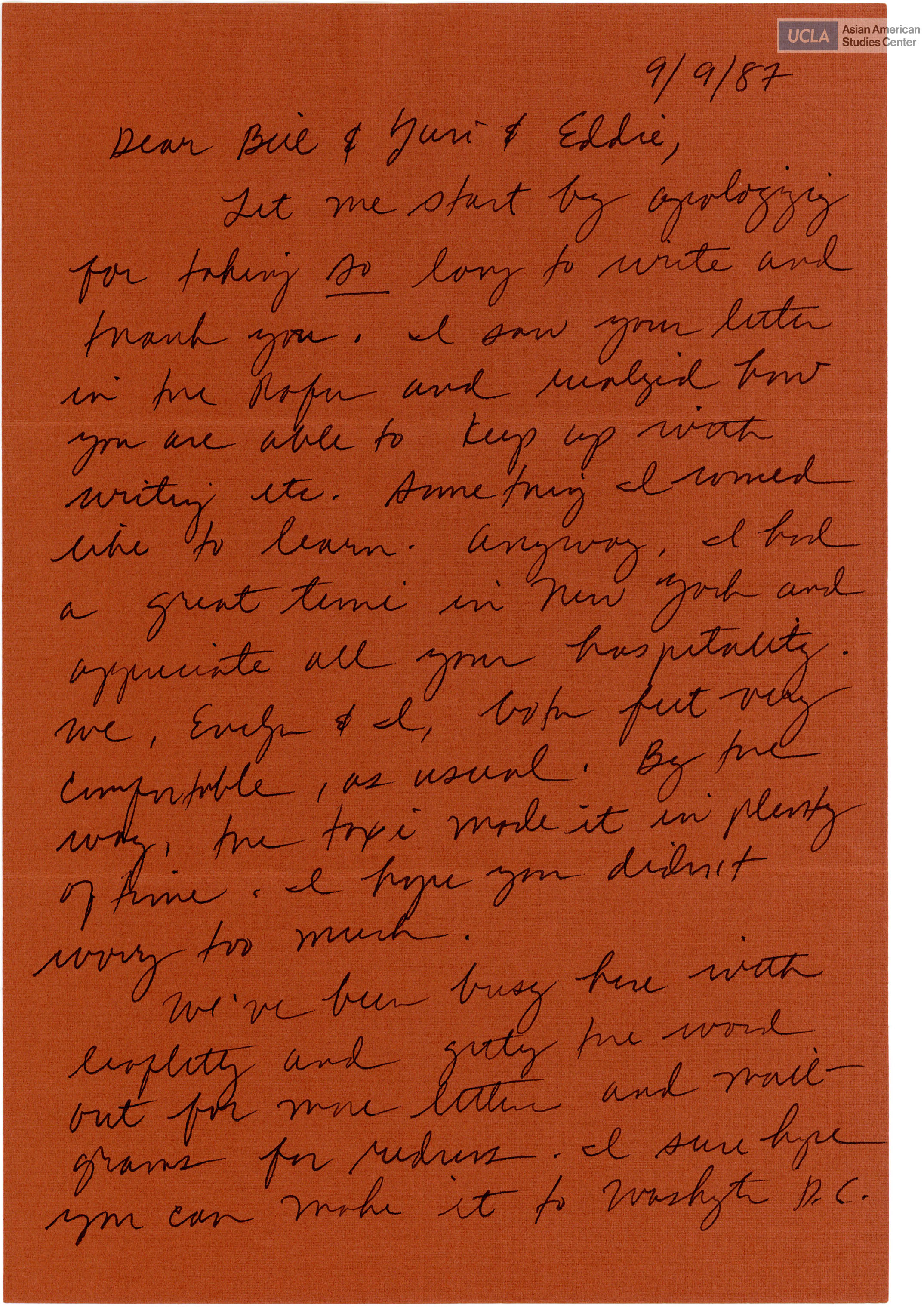 Letter of apology and time spent in New York.