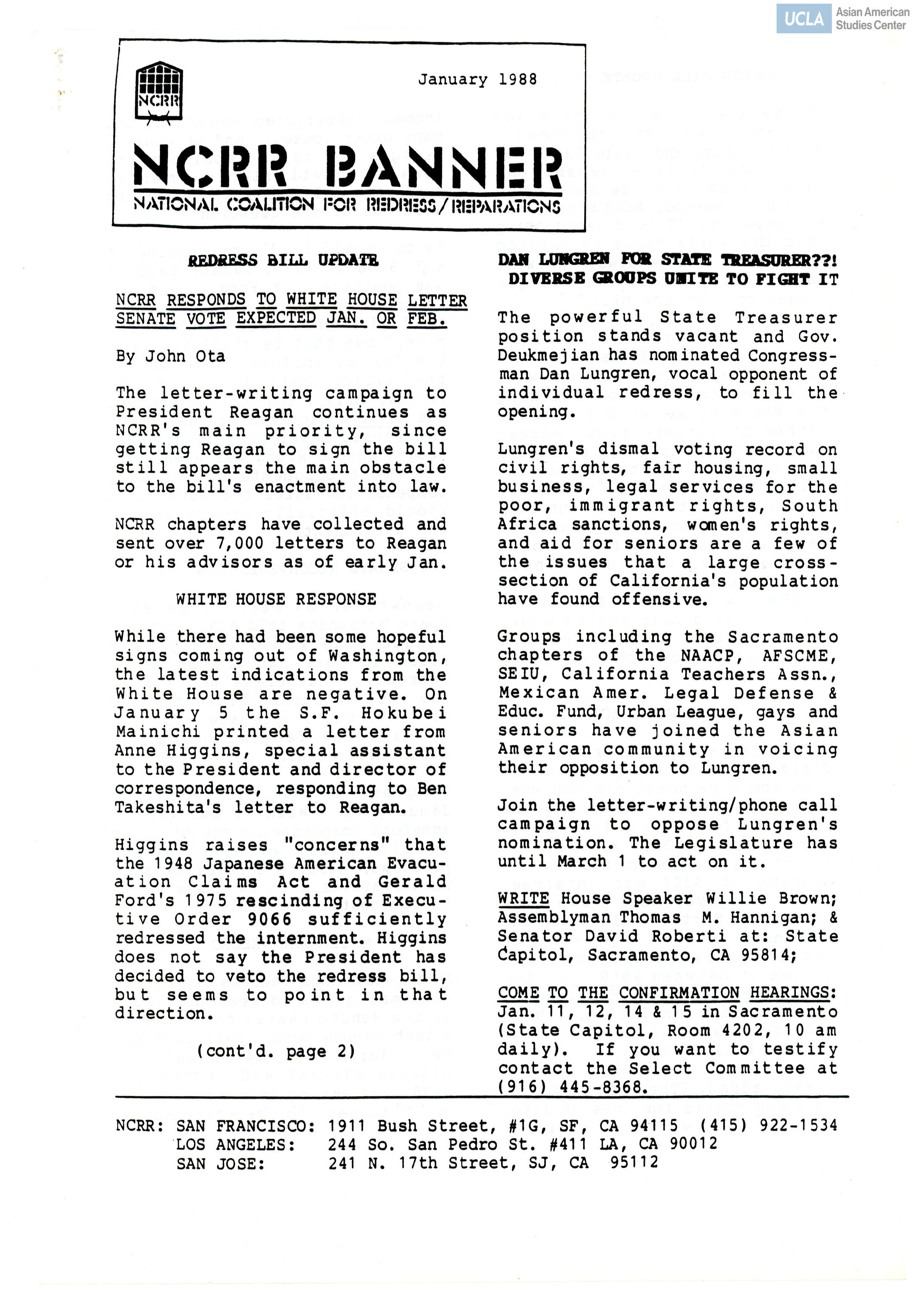 NCRR Banner regarding redress bill update and Day of Remembrance of 1988.