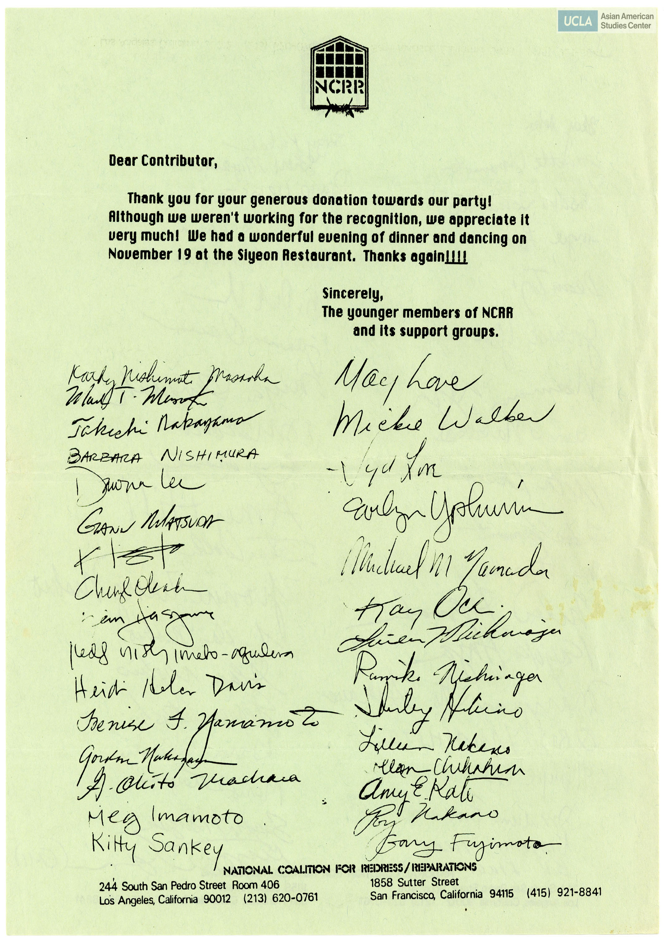 Letter of thanks regarding donations. Includes signatures of NCRR members.