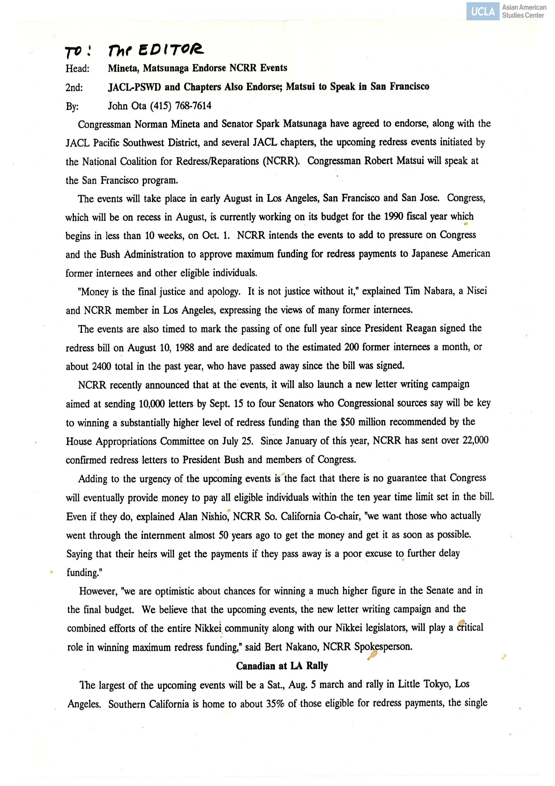 Letter regarding Congressman Norman Mineta and Senator Spark Matsunaga endorsement of NCRR events.
