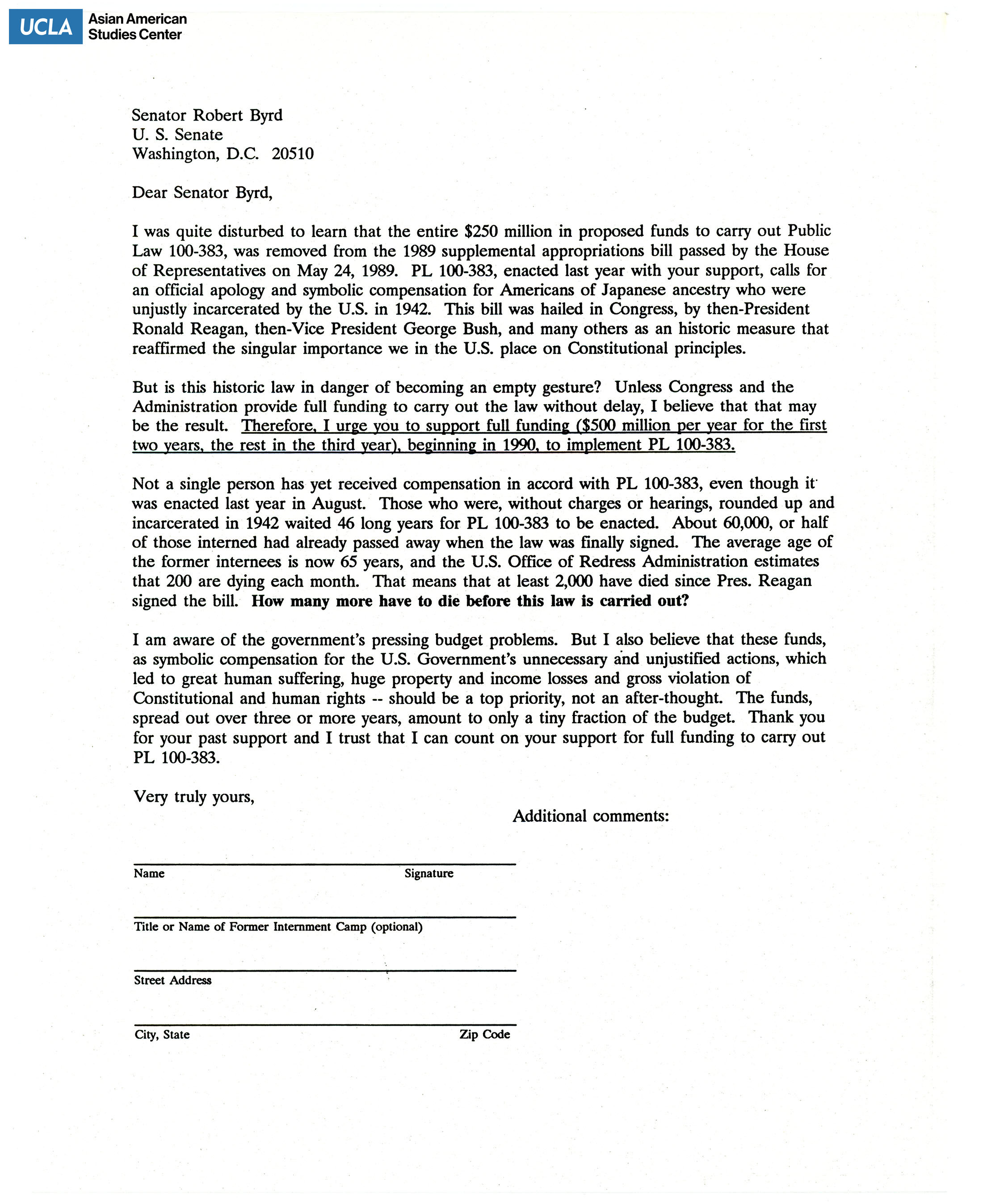 Letter addressed to Senator Robert Byrd regarding support for the full funding of Public Law 100-383.