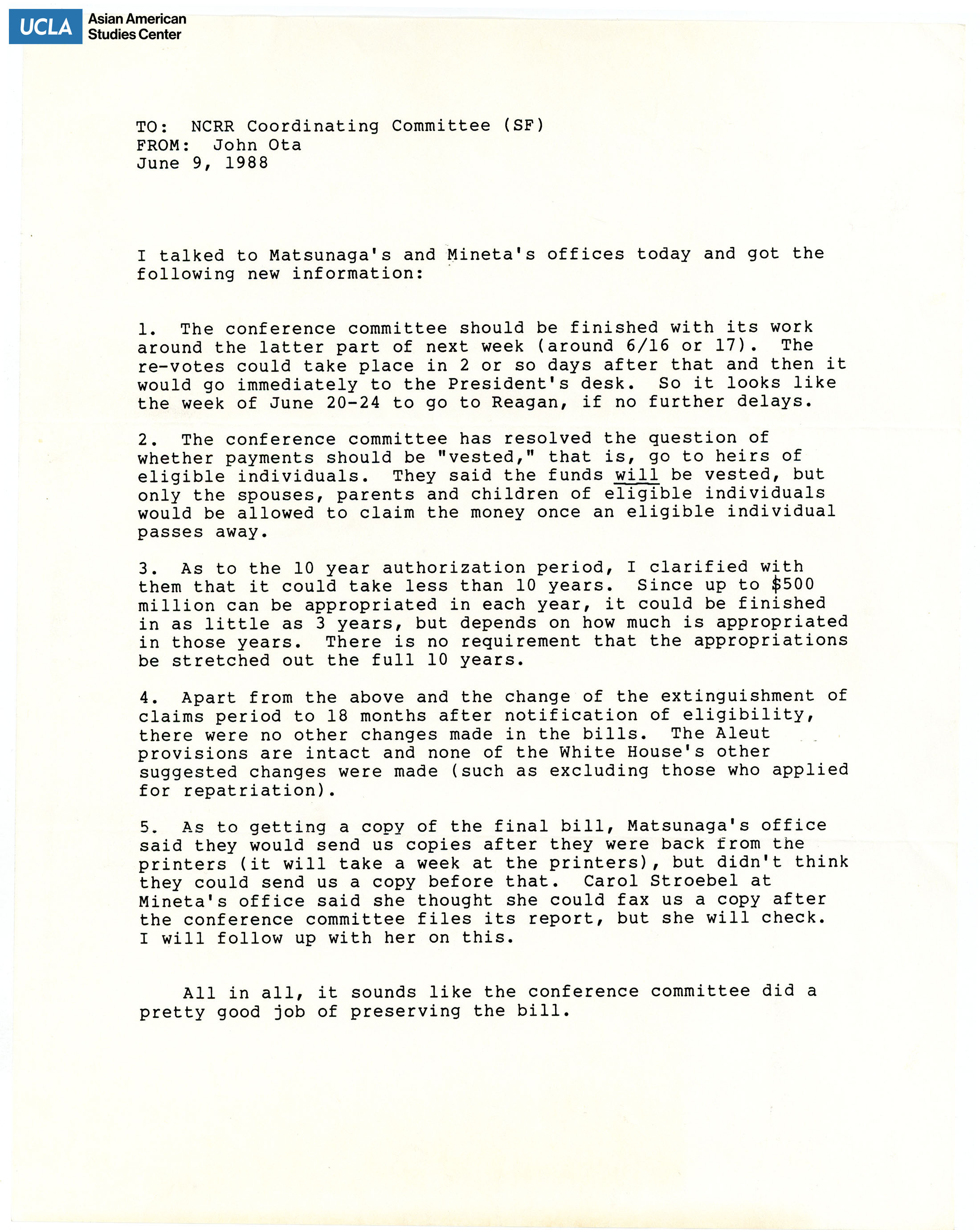 Letter regarding conference committee updates.