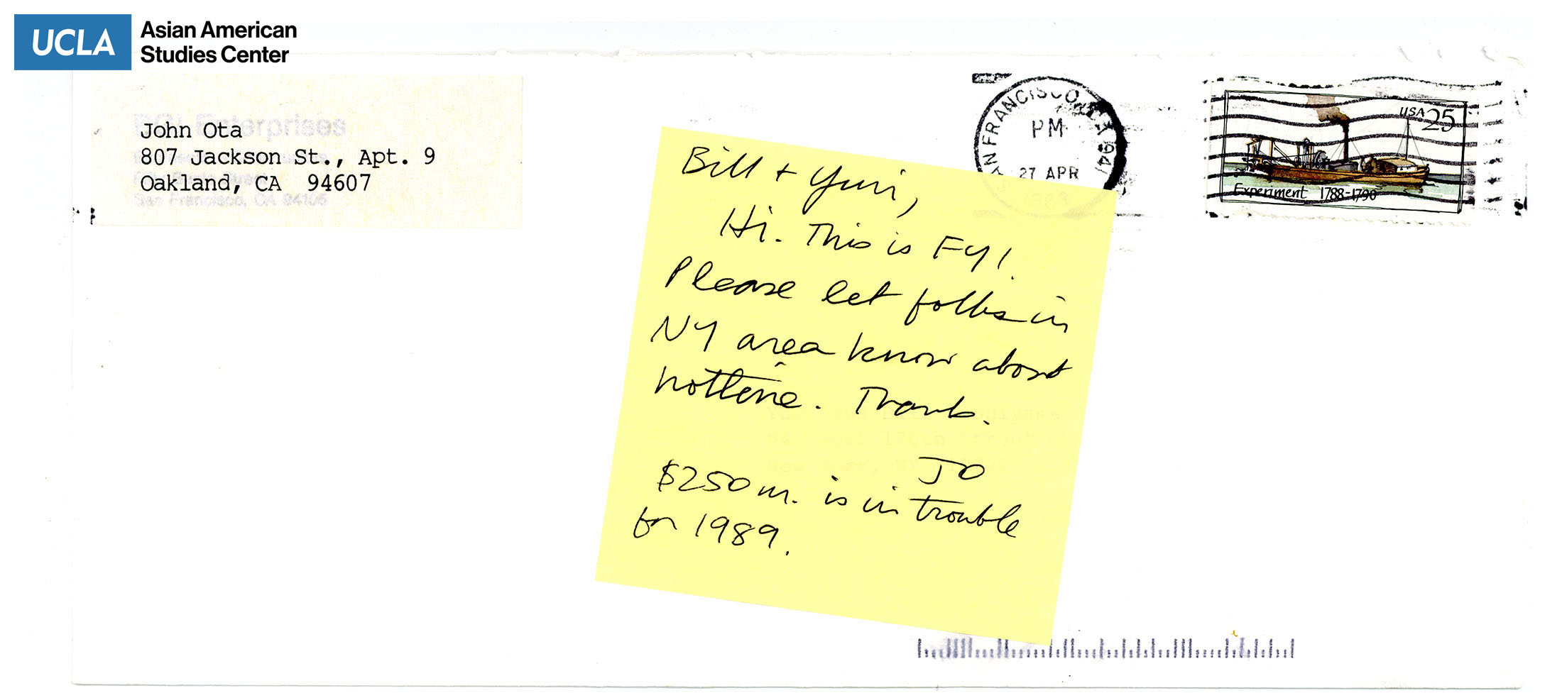 Envelope address to Bill and Yuri Kochiyama. Postmarked on April 27, 1983. Includes note regarding informing New York folks of hotline.