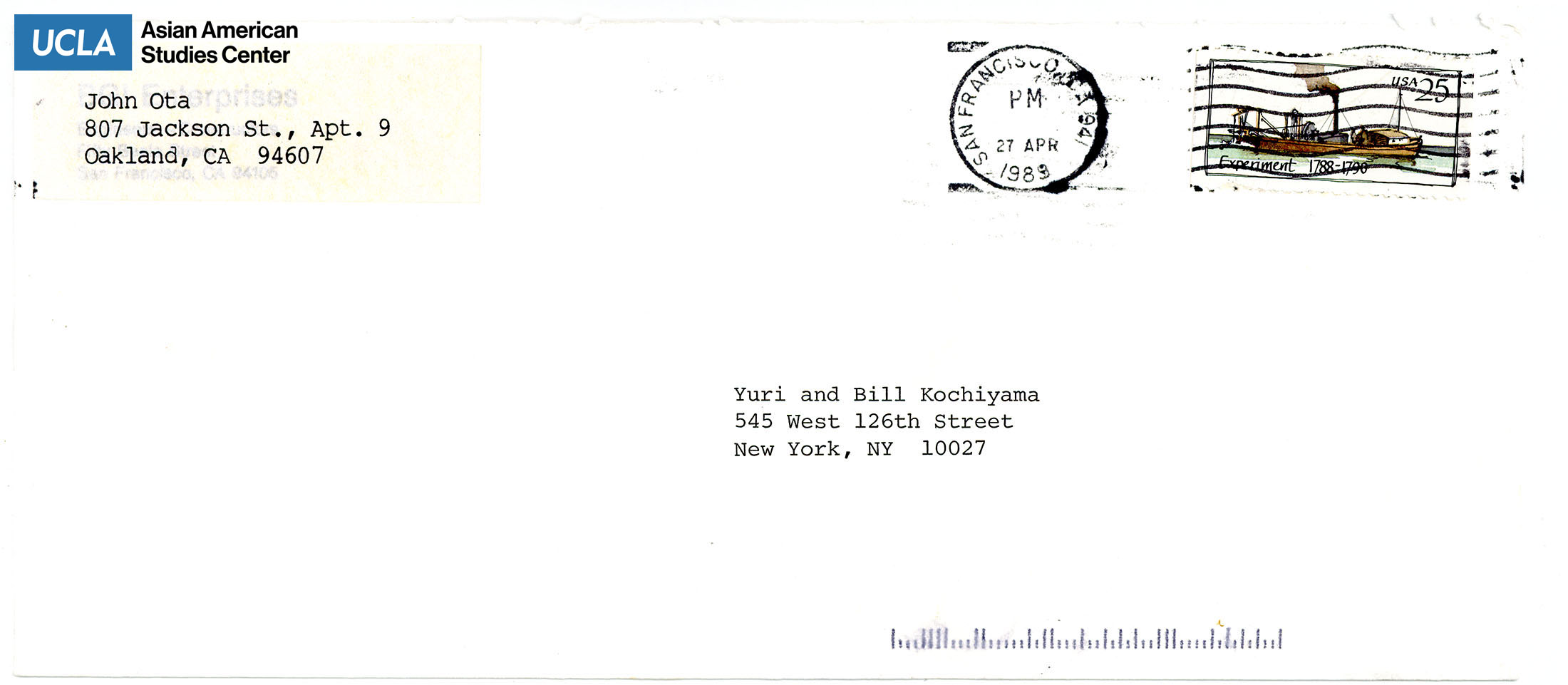 Envelope address to Bill and Yuri Kochiyama. Postmarked on April 27, 1983.