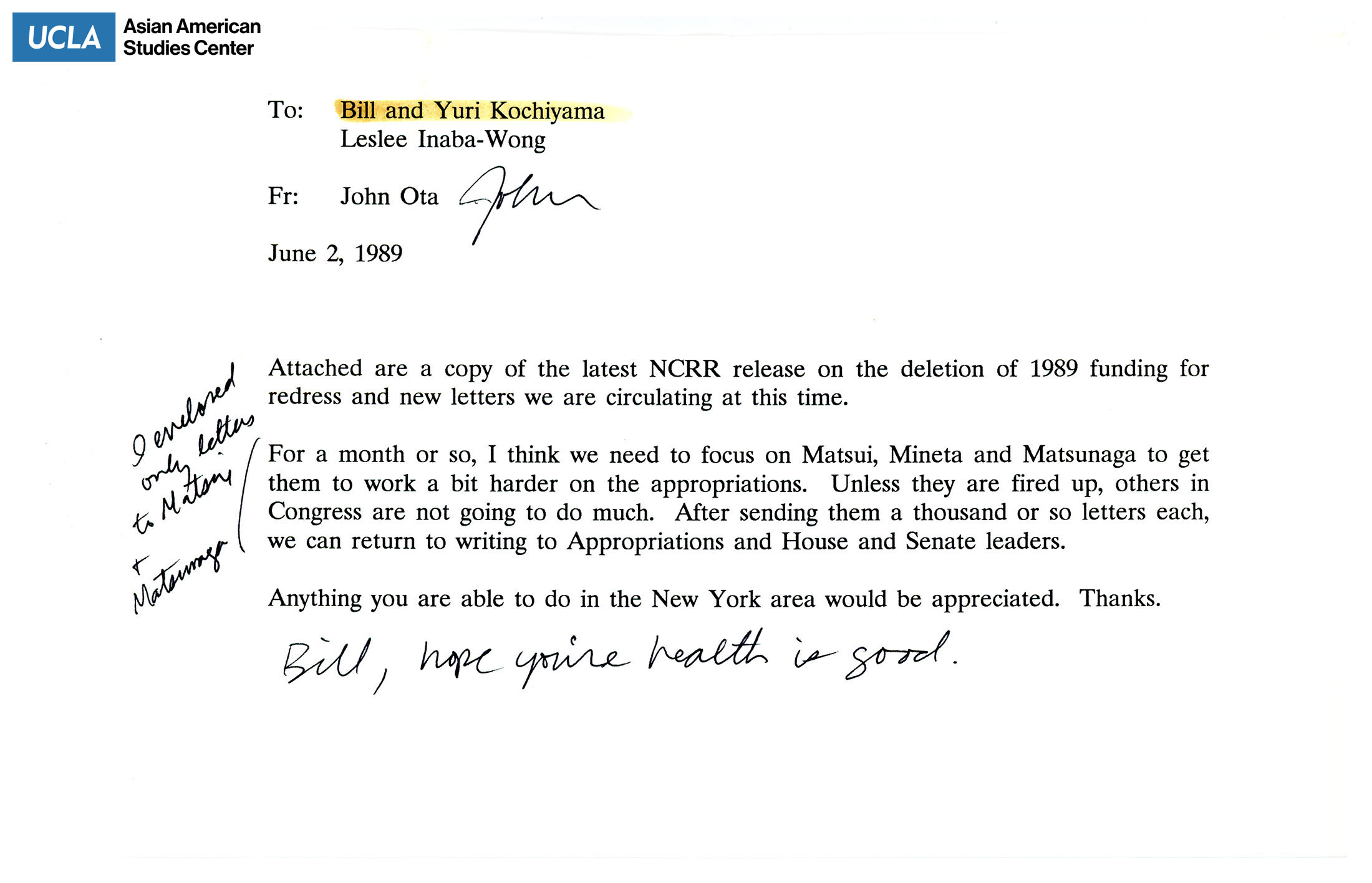 Letter regarding latest NCRR release of redress funding.