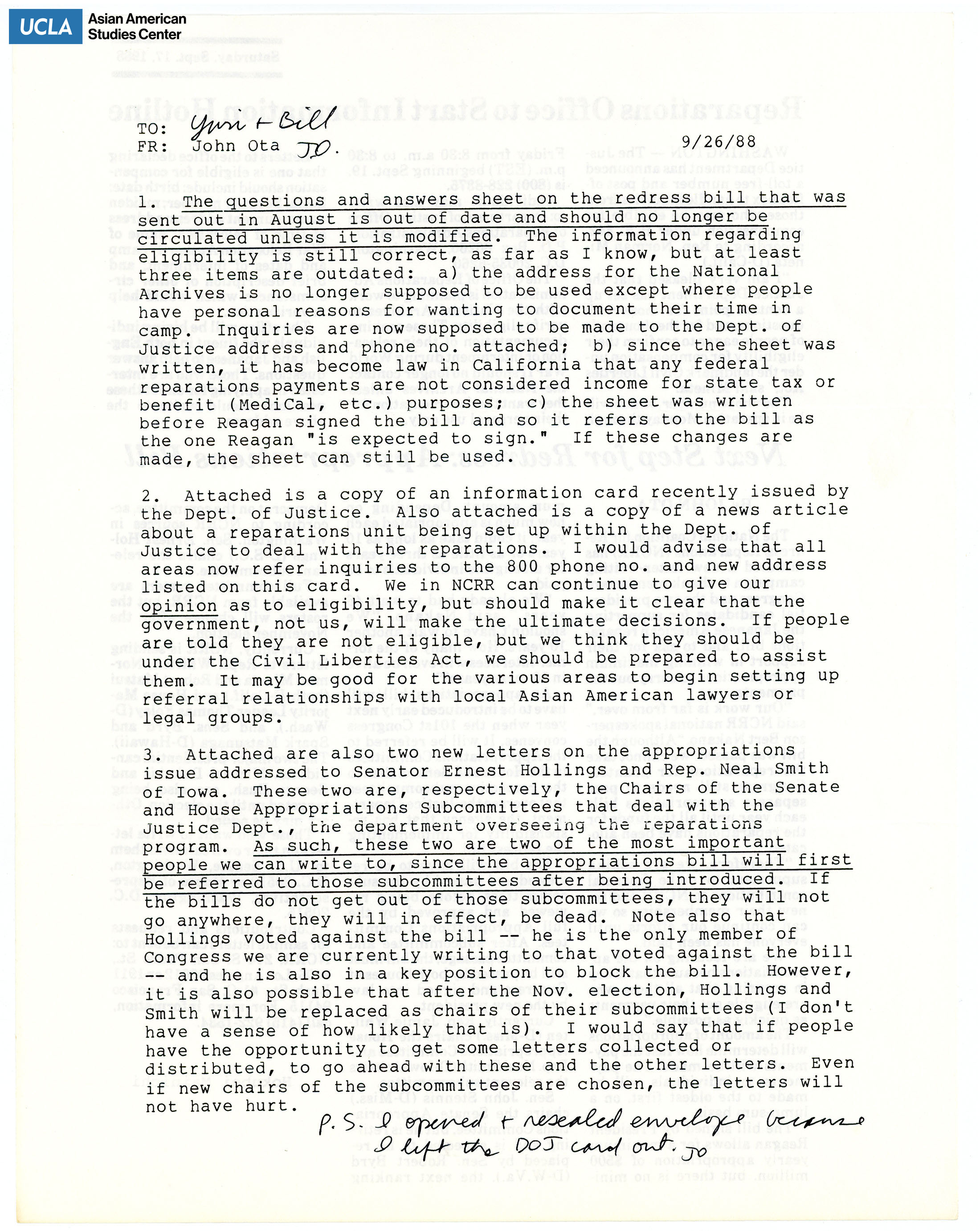 Letter regarding an out of date questionnaire.