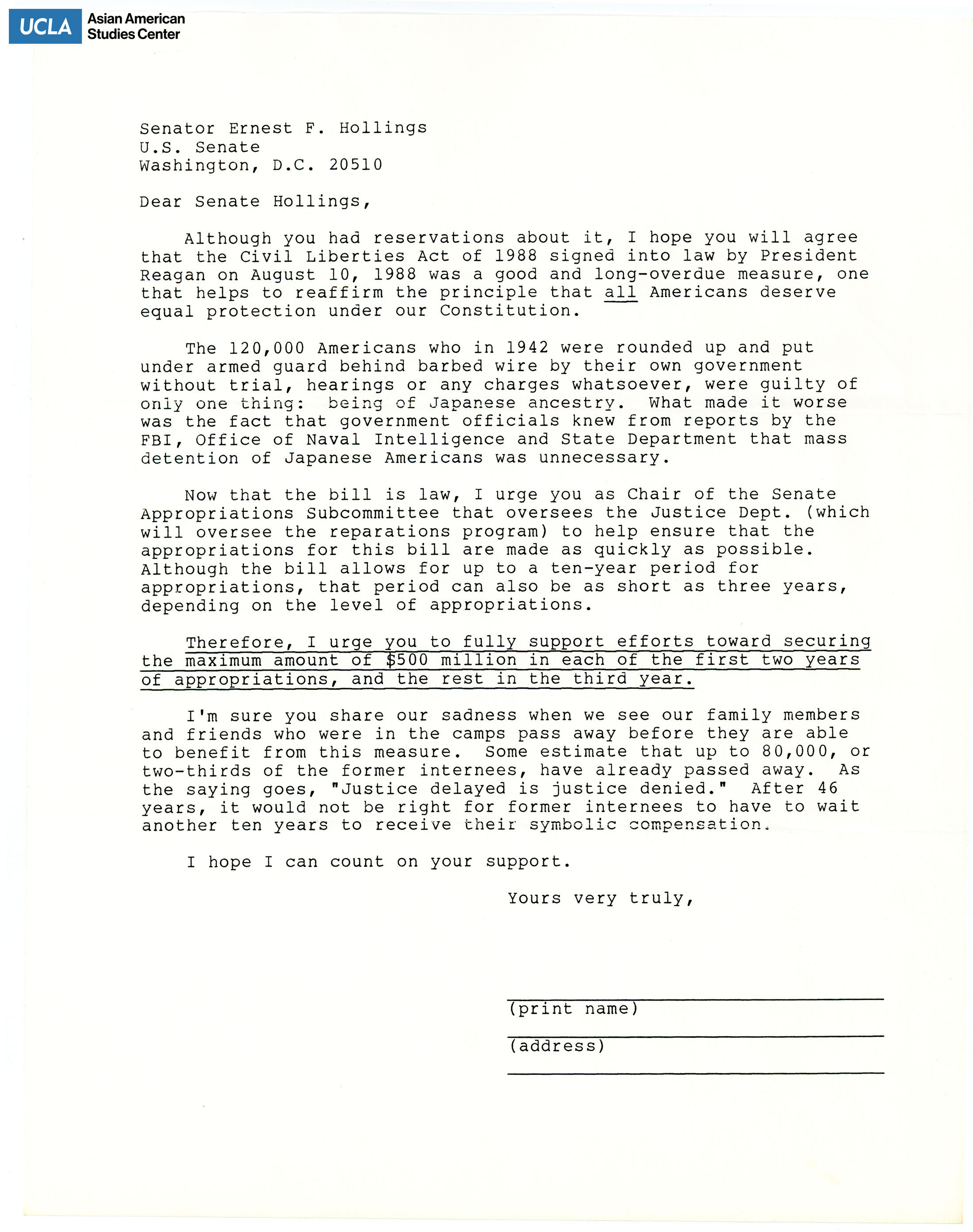 Letter addressed to Senator Ernest F. Hollings regarding support for the full funding of Public Law 100-383.