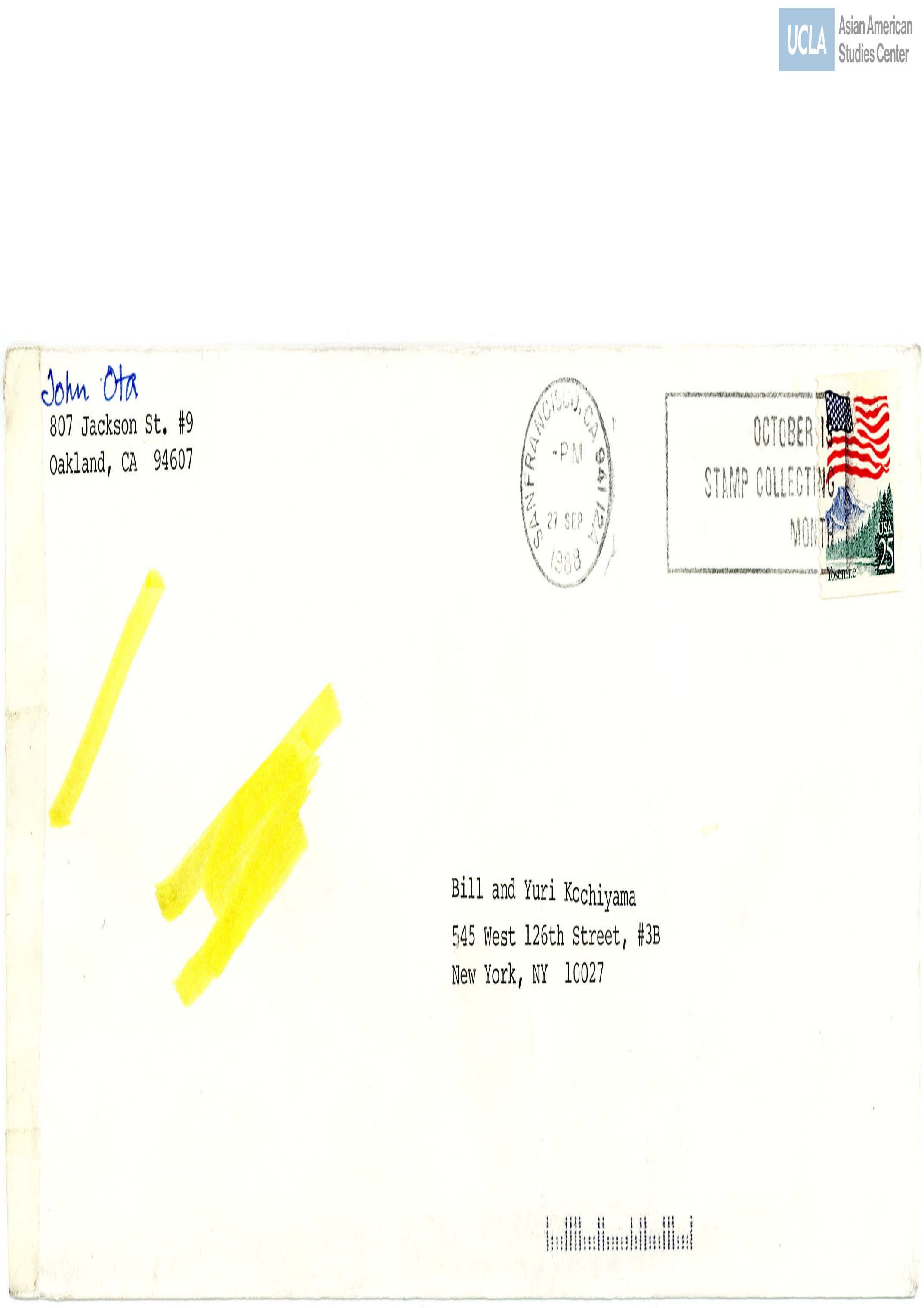 Envelope addressed to Bill and Yuri Kochiyama. Postmarked on September 27, 1988.