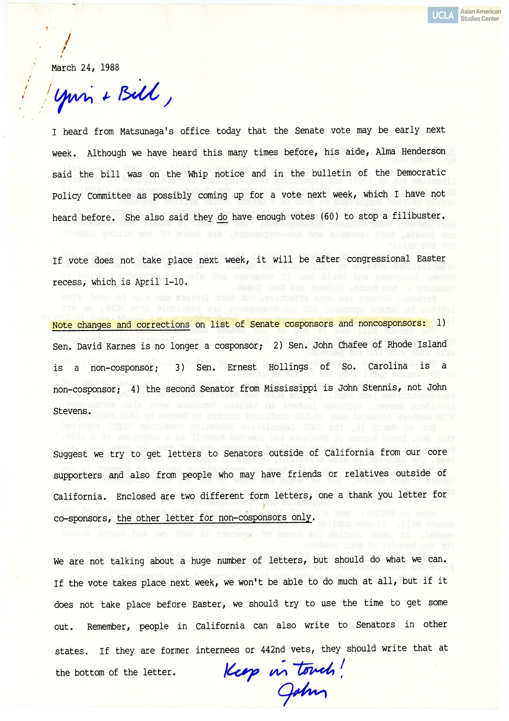 Letter regarding the Senate vote on redress bill (Civil Liberties Act of 1987).