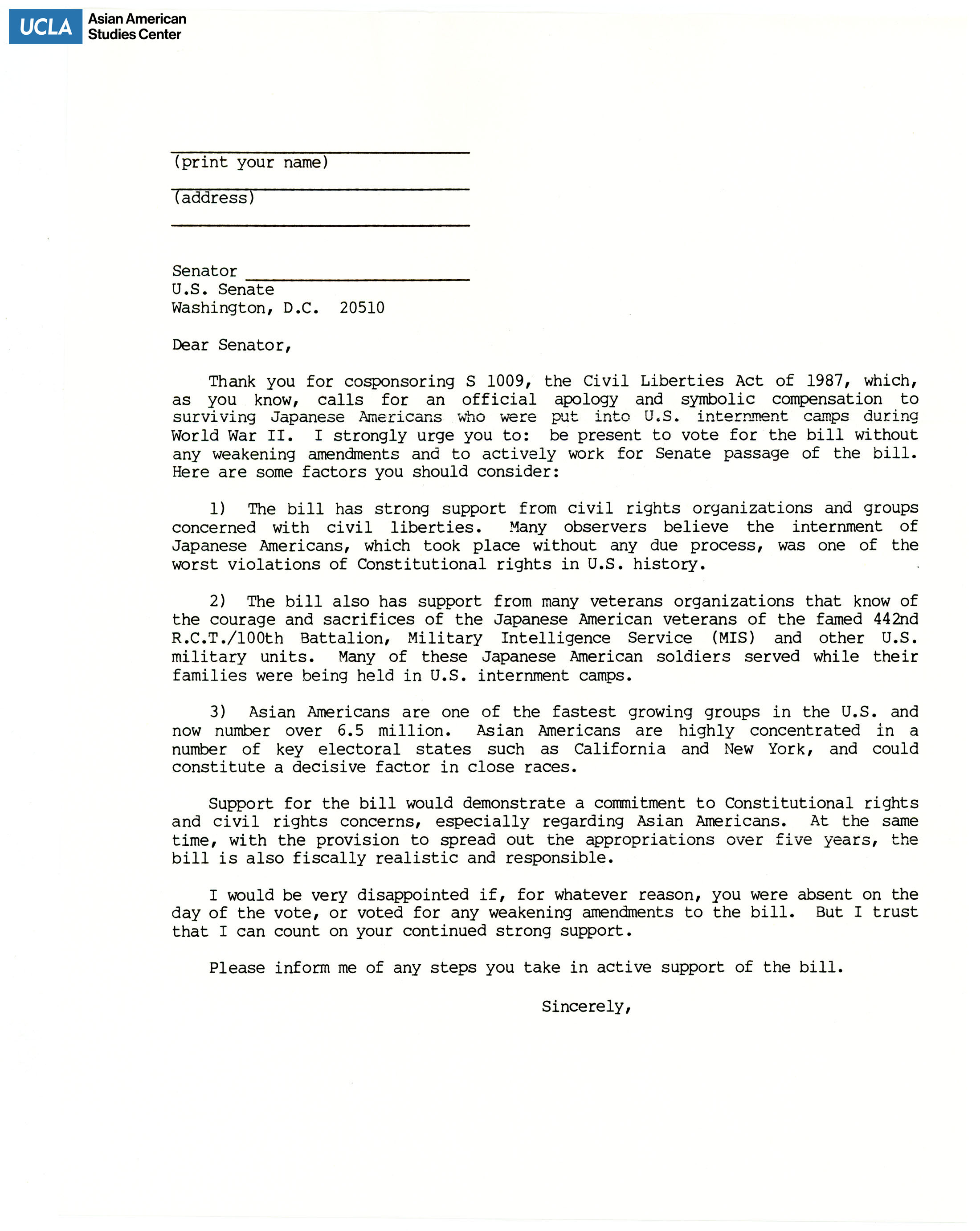 Template letter regarding active support for the Civil Liberties Act of 1987 from senators.