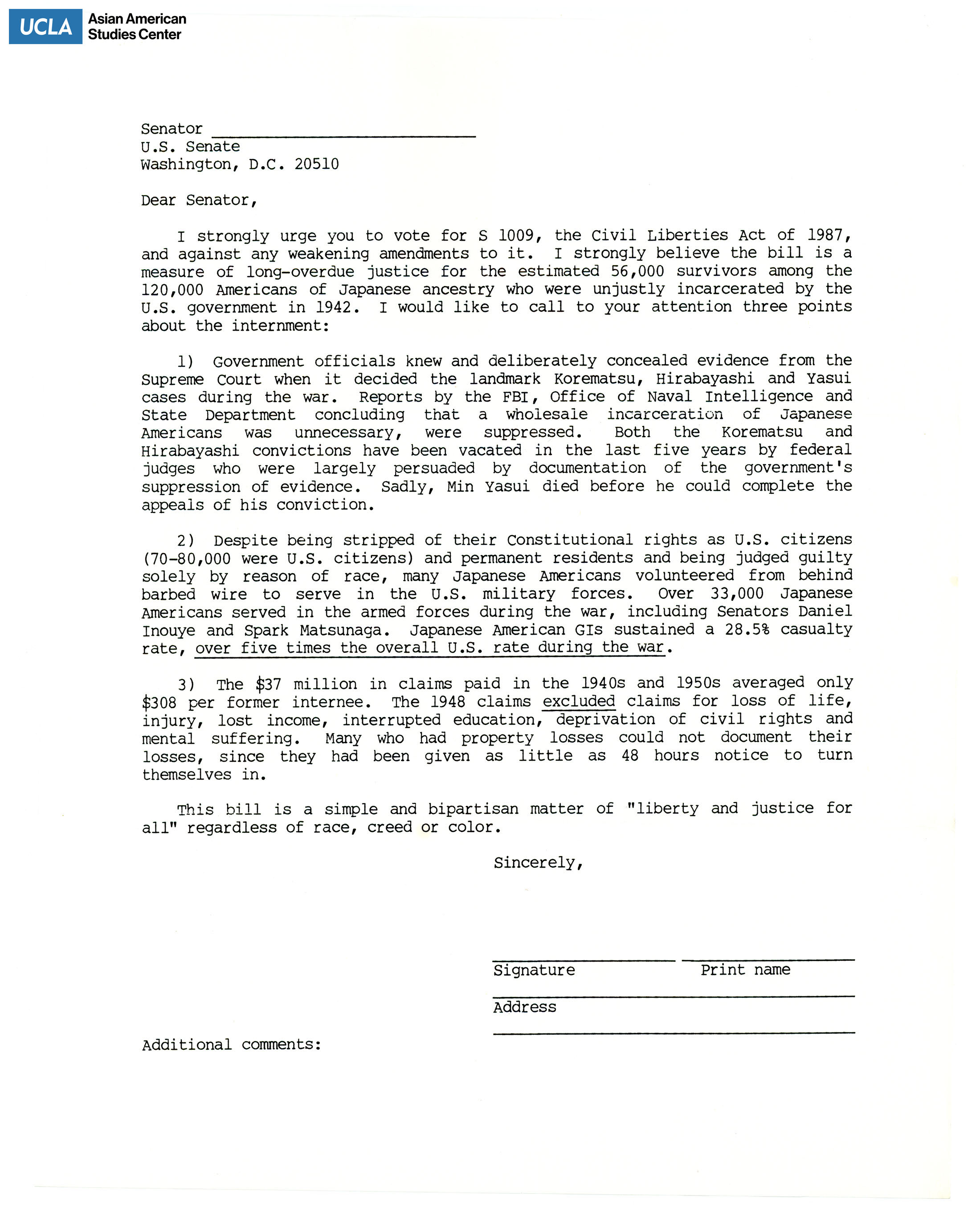 Template letter regarding support for the Civil Liberties Act of 1987 with points on incarceration.