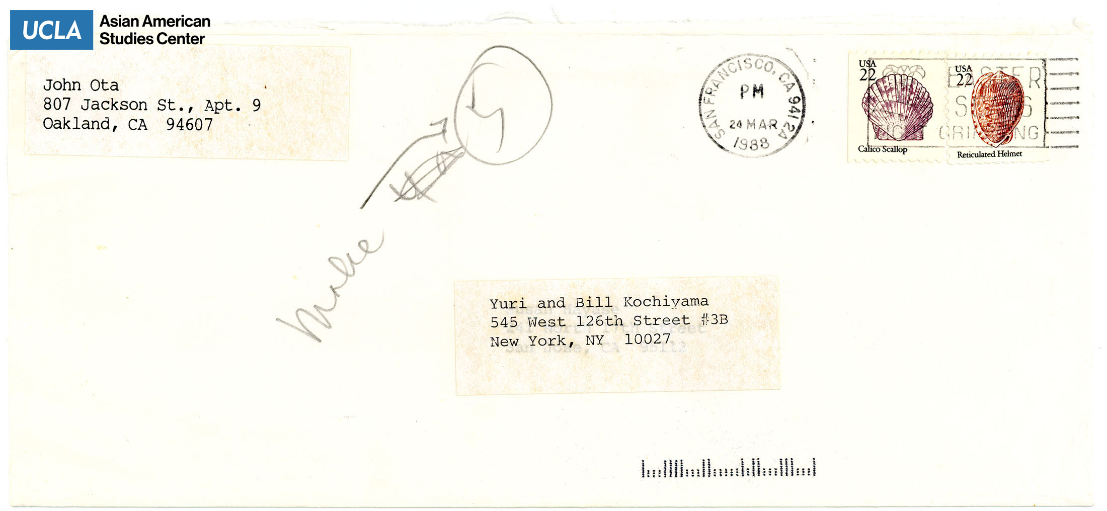 Envelope addressed to Bill and Yuri Kochiyama. Postmarked on March 24, 1988.