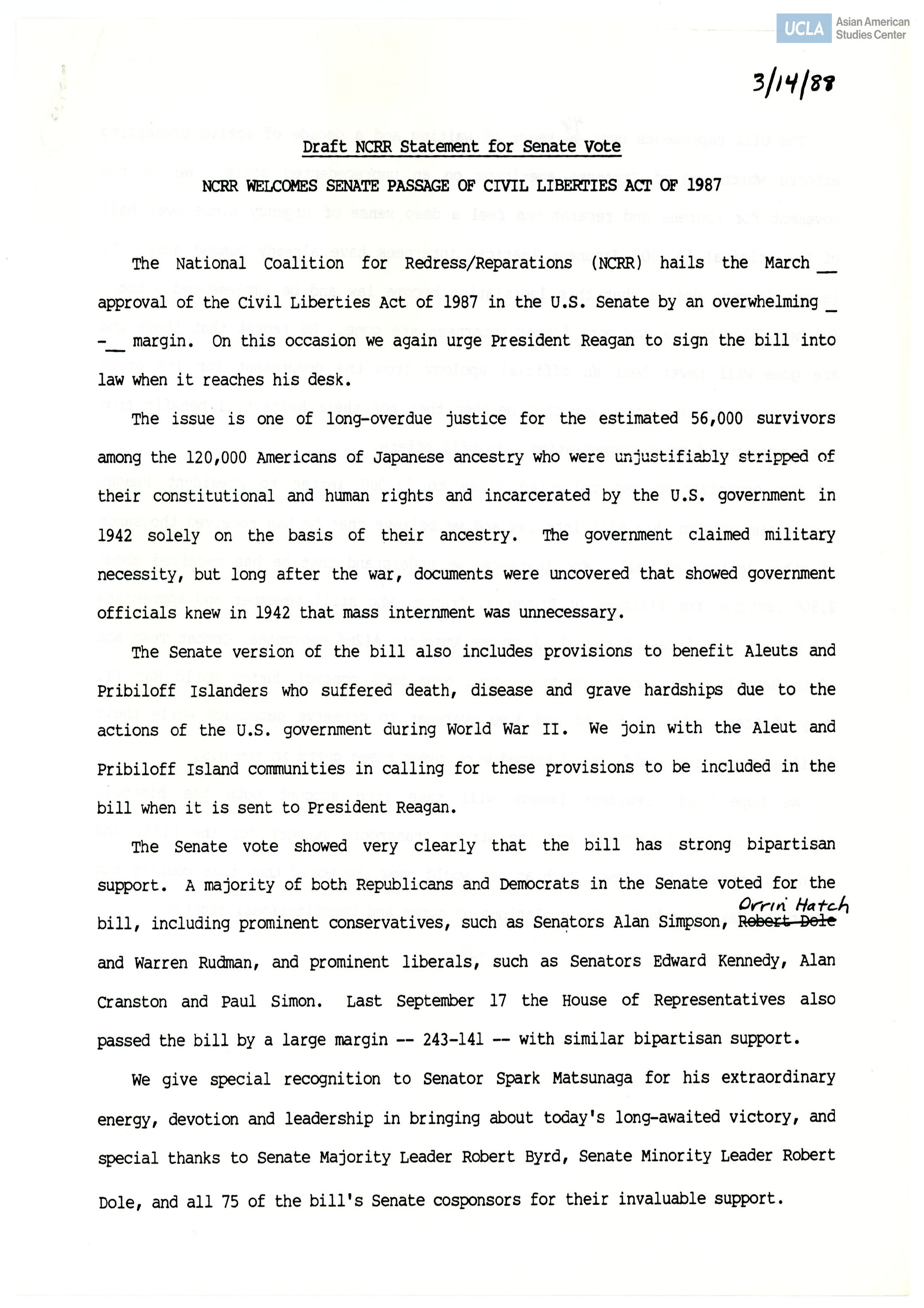 NCRR statement regarding the approval of the Civil Liberties Act of 1987 and the push for President Reagan to sign the bill into law.
