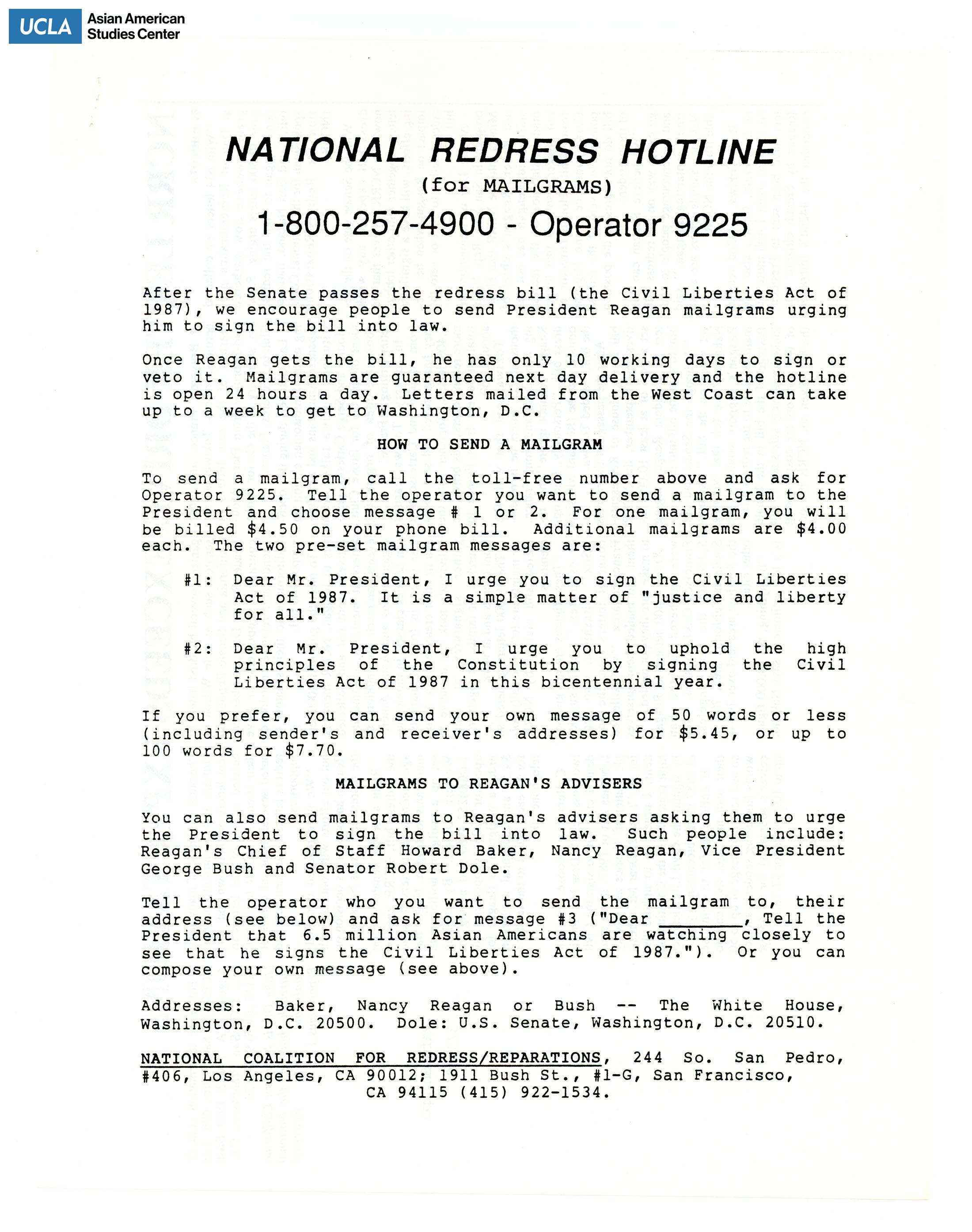 National redress hotline regarding support for sending President Reagan mailgrams on signing Civil Liberties Act of 1987 into law.