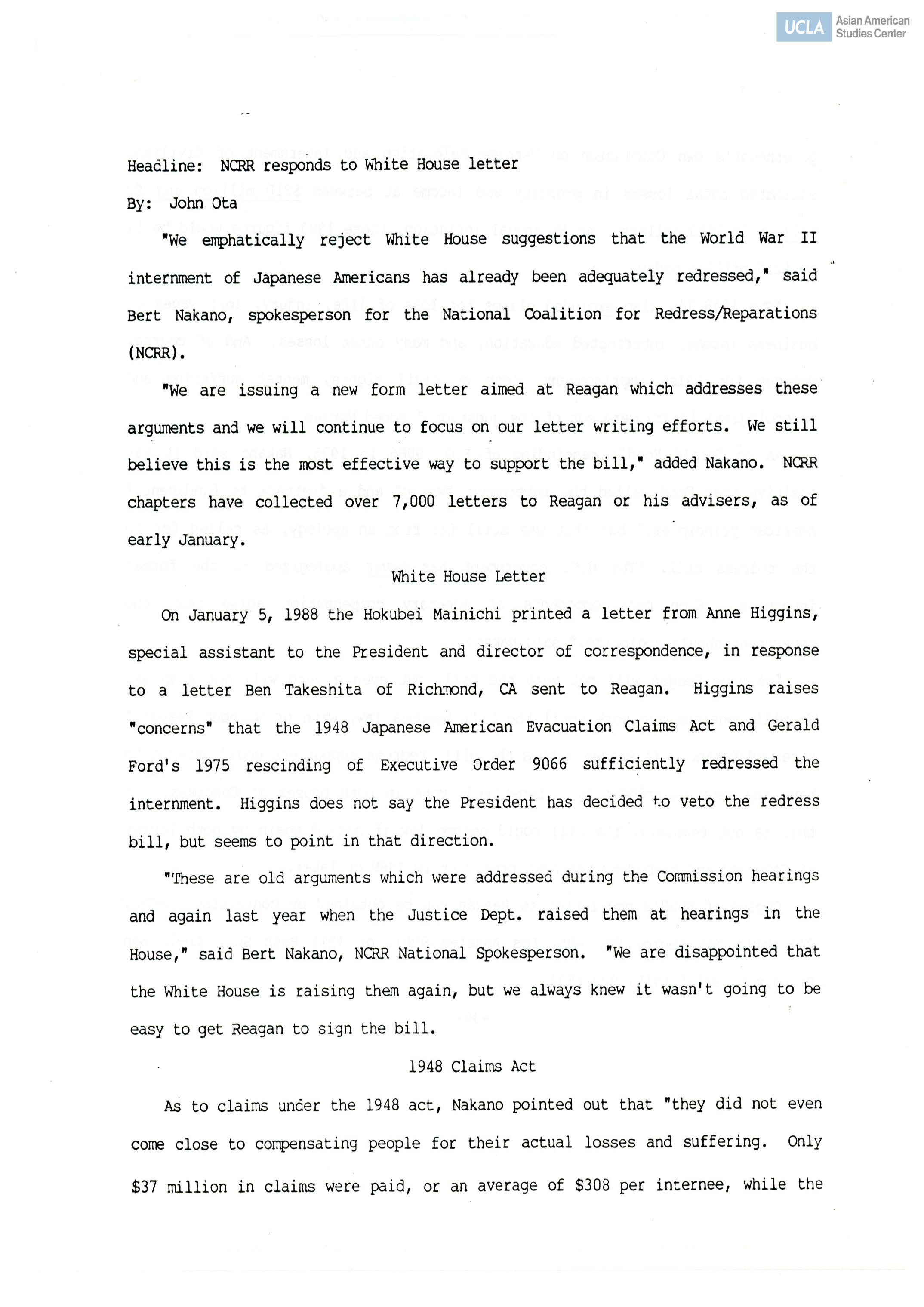Statement response to White House suggestion that incarceration of Japanese Americans have been adequately redressed.