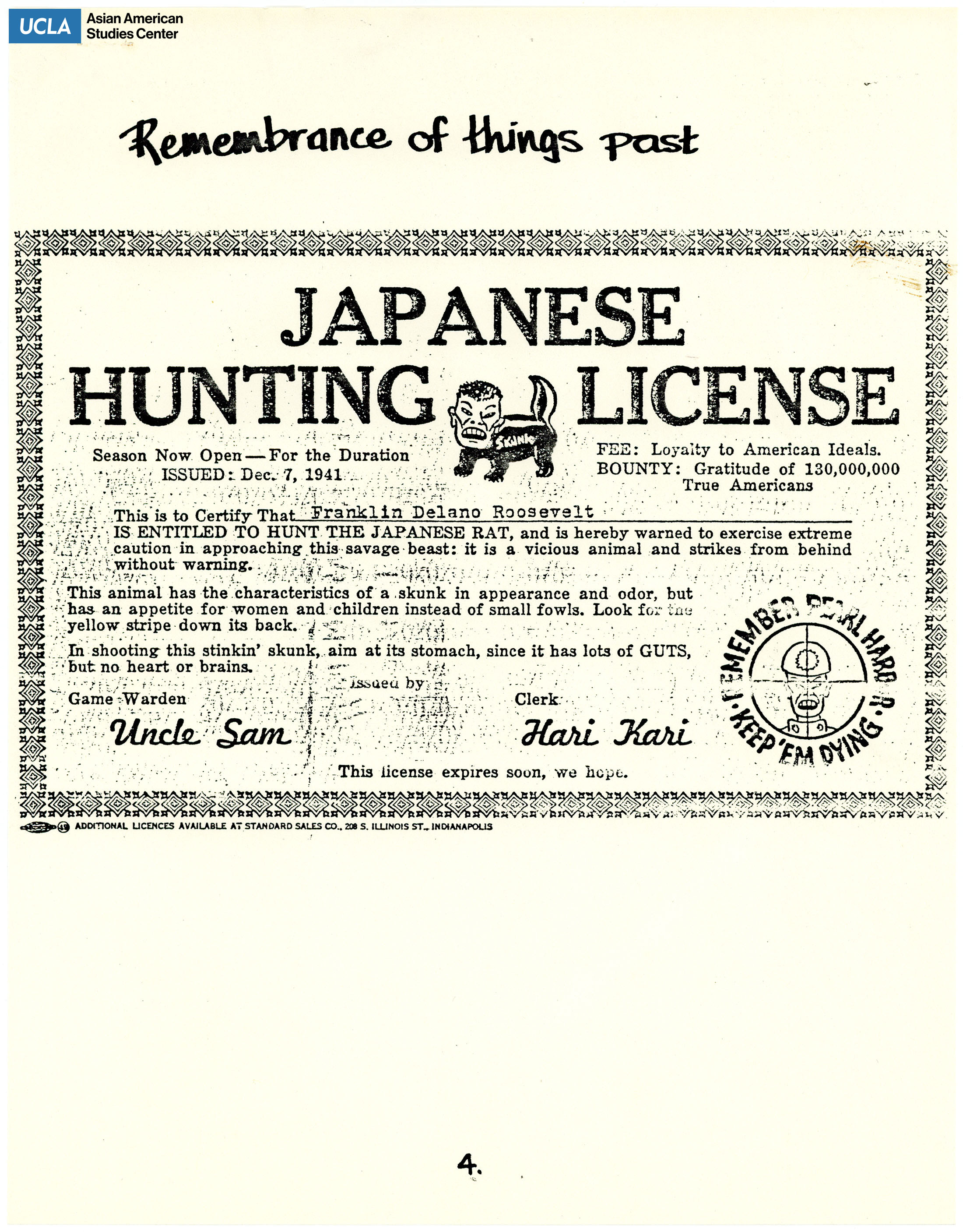 A photocopy of propaganda document regarding Japanese hunting license. After the signing of Executive Order 9066, counterfeit  