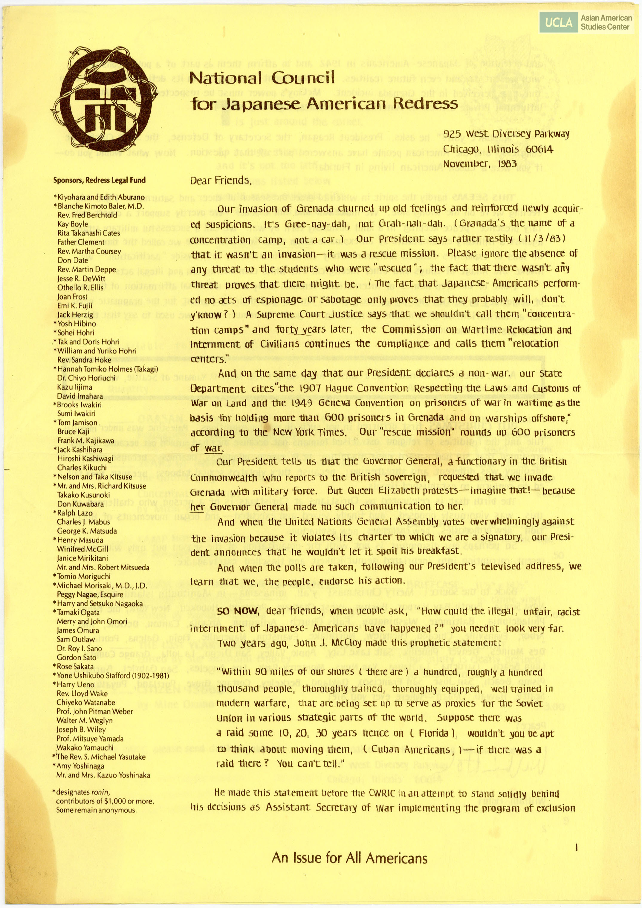National Council for Japanese American Redress (NCJAR) newsletter regarding reflections on the treatment of Japanese Americans after the signing of Executive Order 9066 and organizational efforts towards redress. Formed in 1979, the National Council for Japanese American Redress (NCJAR) was a council for the effort in obtaining redress for detainees of Japanese descent during World War II. NCJAR eventurally filed a class action lawsuit against the U.S. government for damages in incarceration caused by Executive Order 9066.