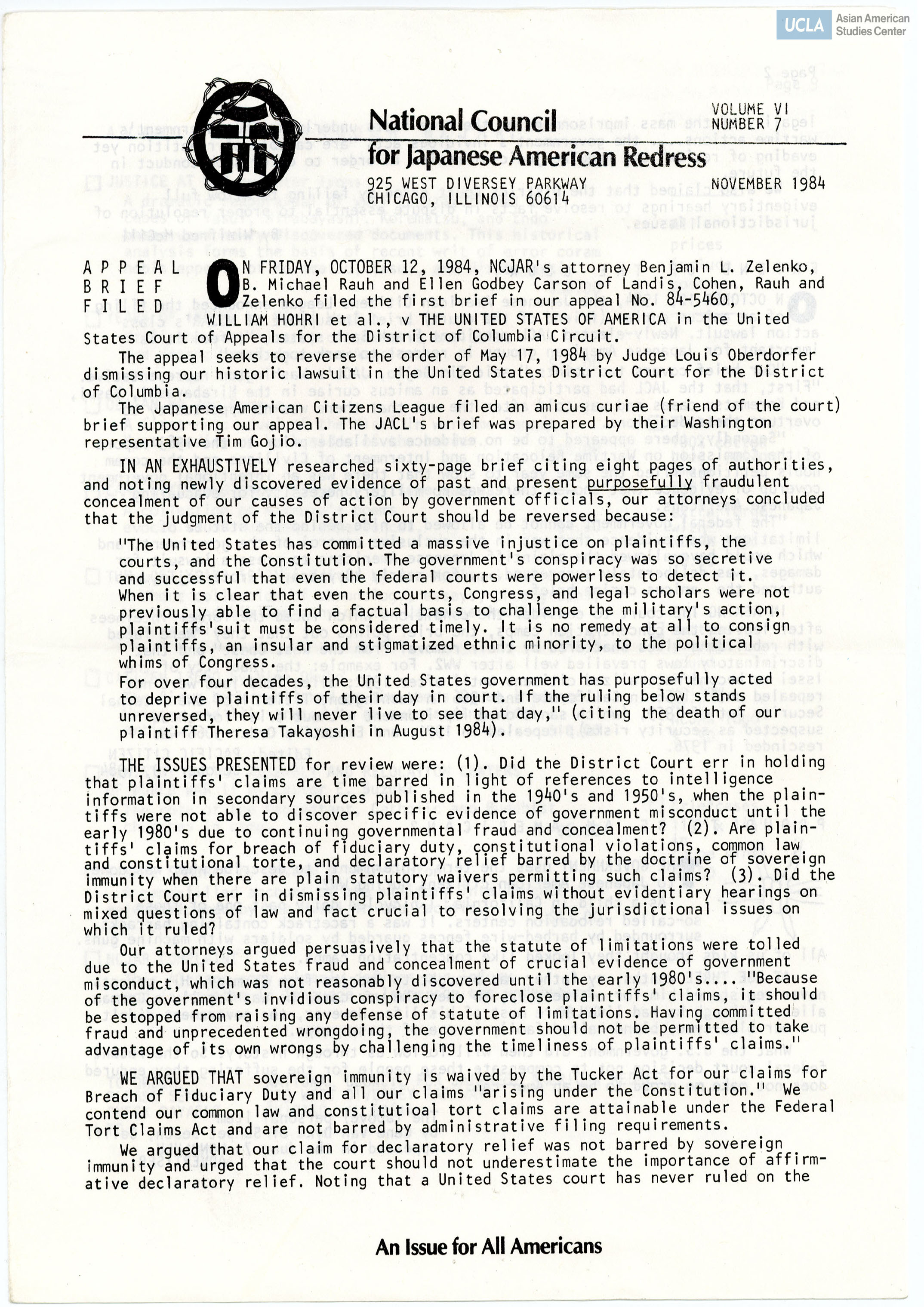 NCJAR newsletter regarding appeal of William Hohri vs. The United States of America with letter by William Hohri. Titles in the newsletter includes: 