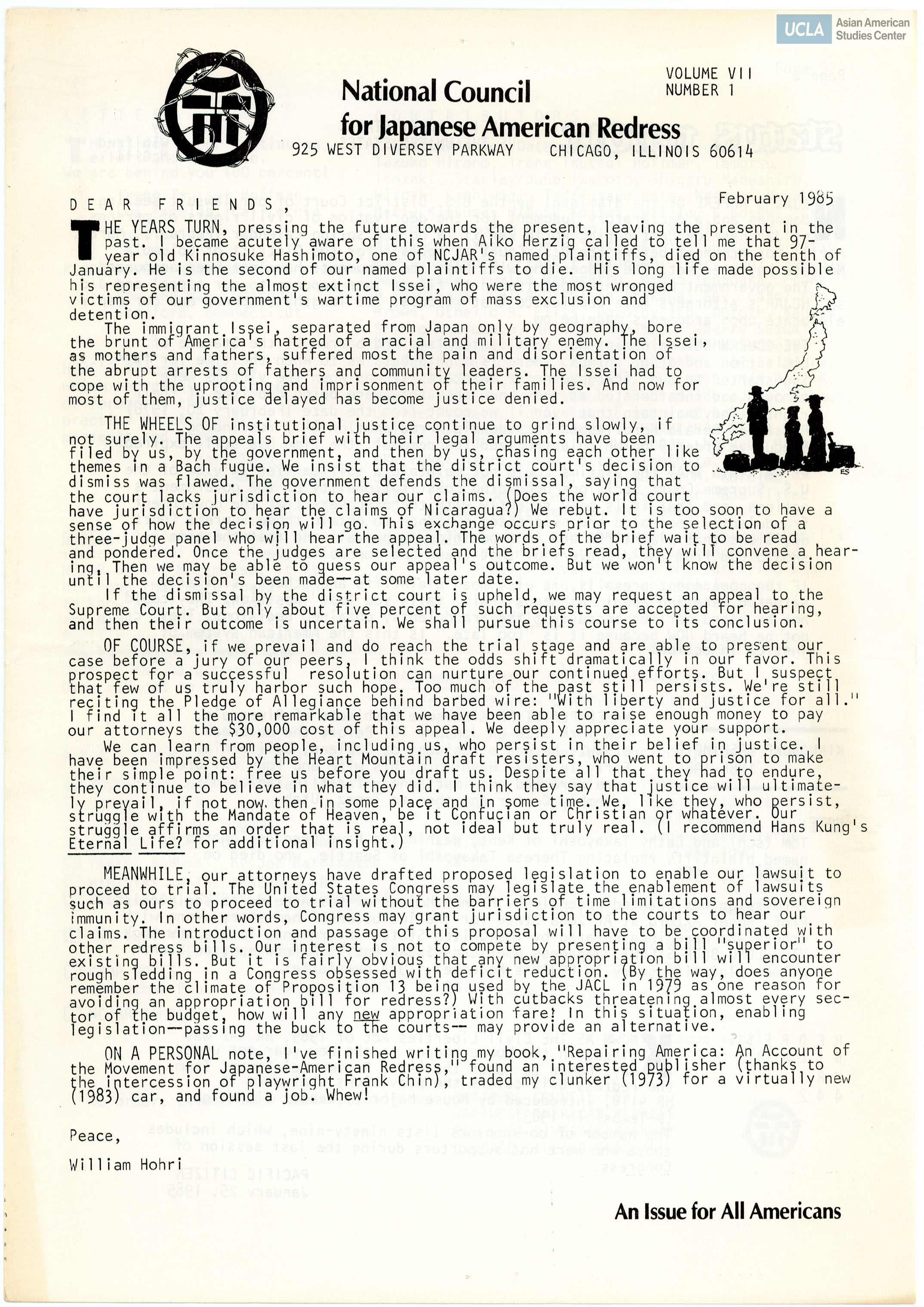 NCJAR newsletter includes: letter from William Hohri, 