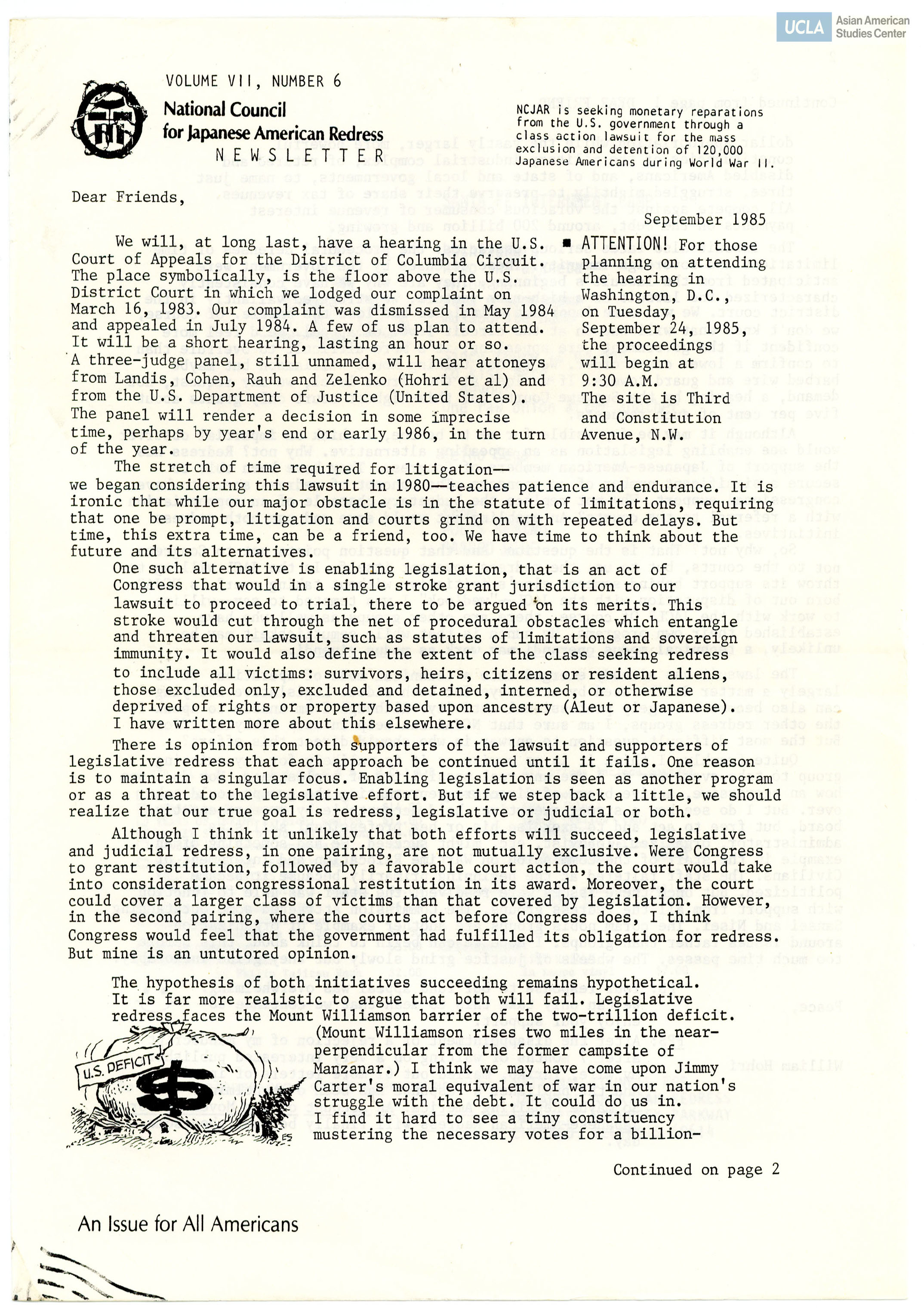 NCJAR newsletter includes: letter from William Hohri, 