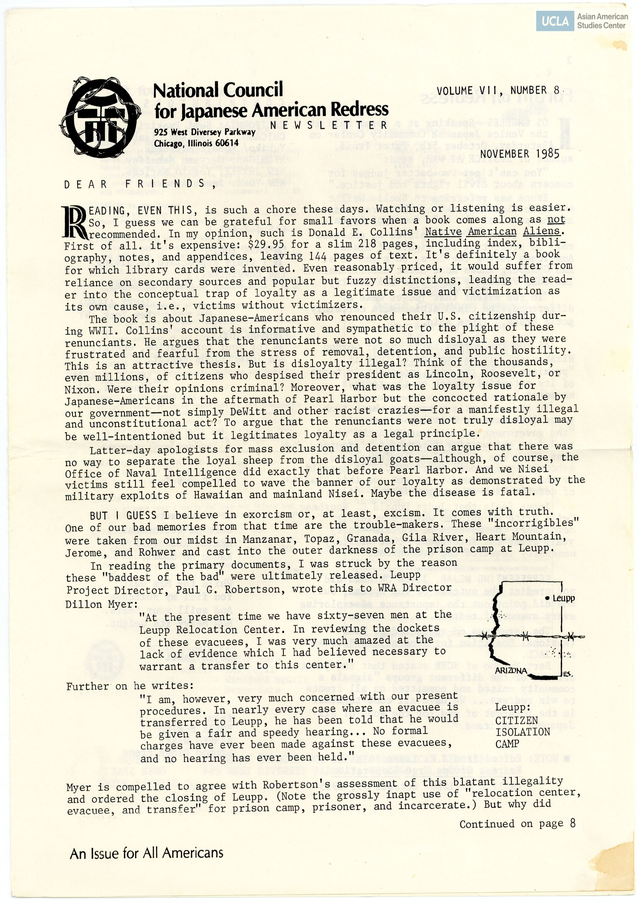 NCJAR newsletter includes: letter from William Hohri, 